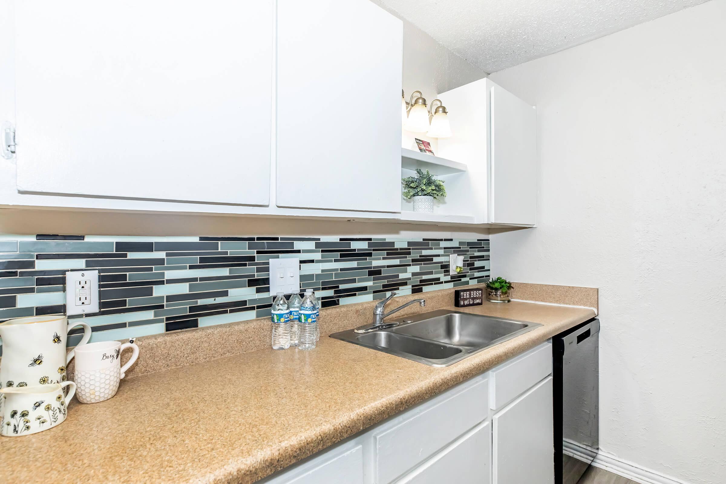 A well-organized kitchen featuring a light countertop, a double sink, and a modern backsplash with black, white, and teal tiles. Two bottles of water are on the counter, and decorative items are placed above the sink in a bright, well-lit space. A black dishwasher is visible in the corner.
