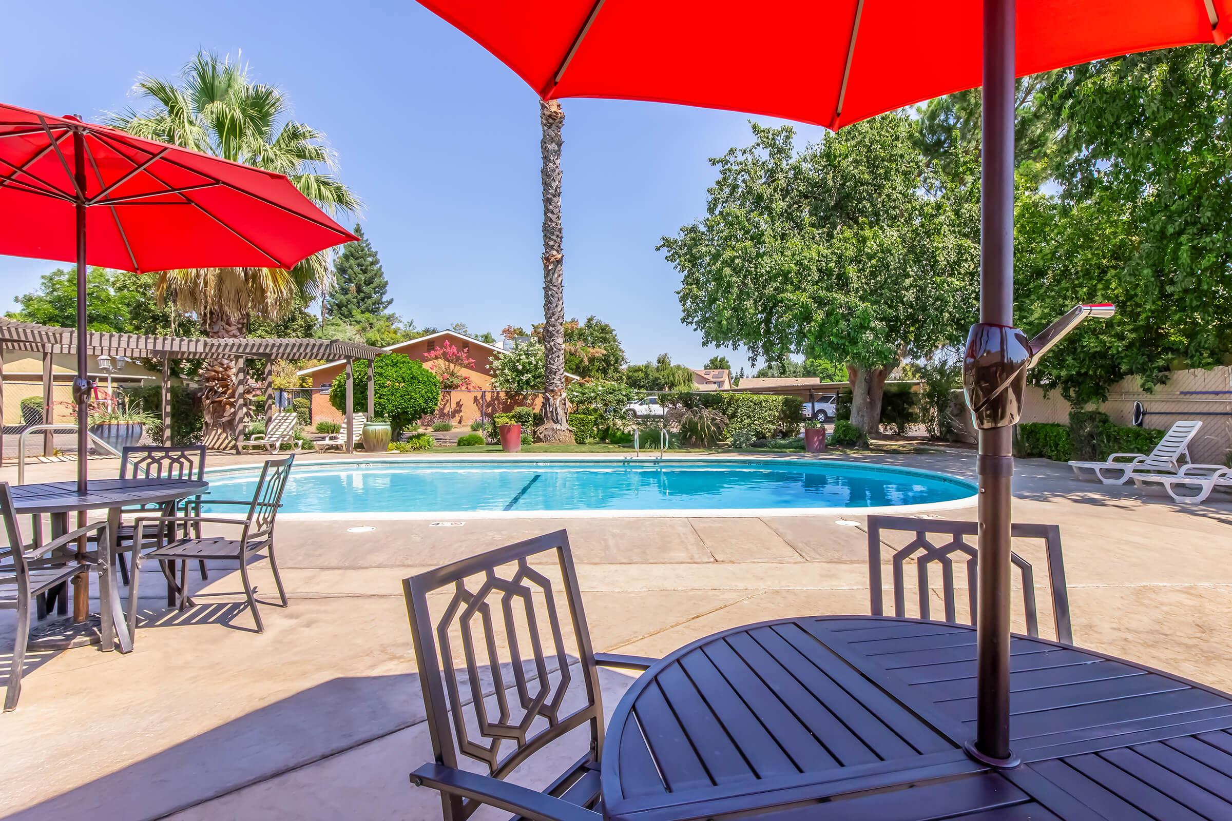 A sunny outdoor pool area featuring a clear blue swimming pool surrounded by palm trees and greenery. Red umbrellas provide shade over black patio tables and chairs, creating a relaxing atmosphere for leisure and enjoyment. The setting is bright and inviting, perfect for gatherings or relaxation.