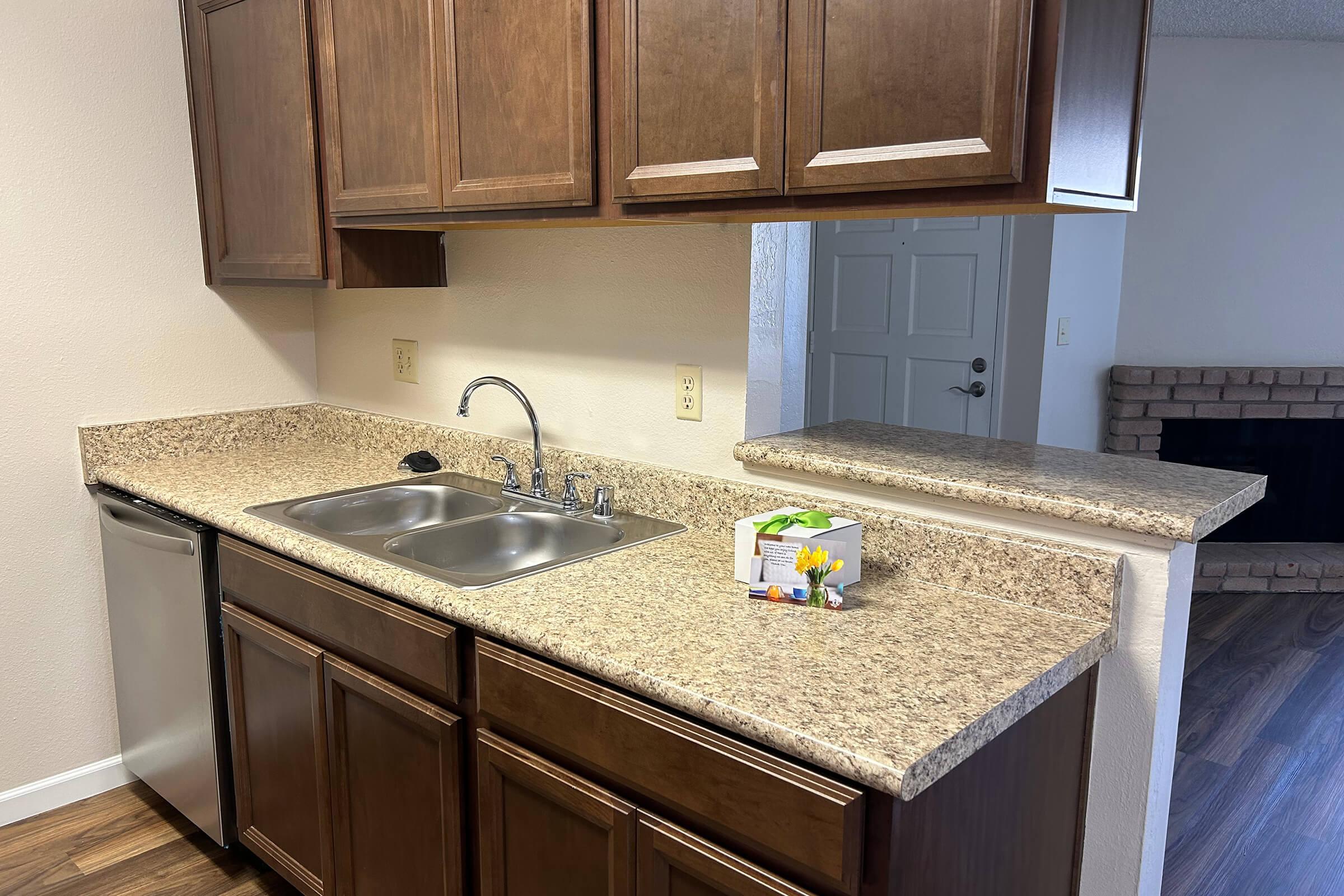 A modern kitchen featuring a brown wooden cabinet with a granite countertop, double sink, and a stainless steel dishwasher. A small decorative item is placed on the countertop, and the background shows an entrance door and a brick fireplace. The space is well-lit and inviting.