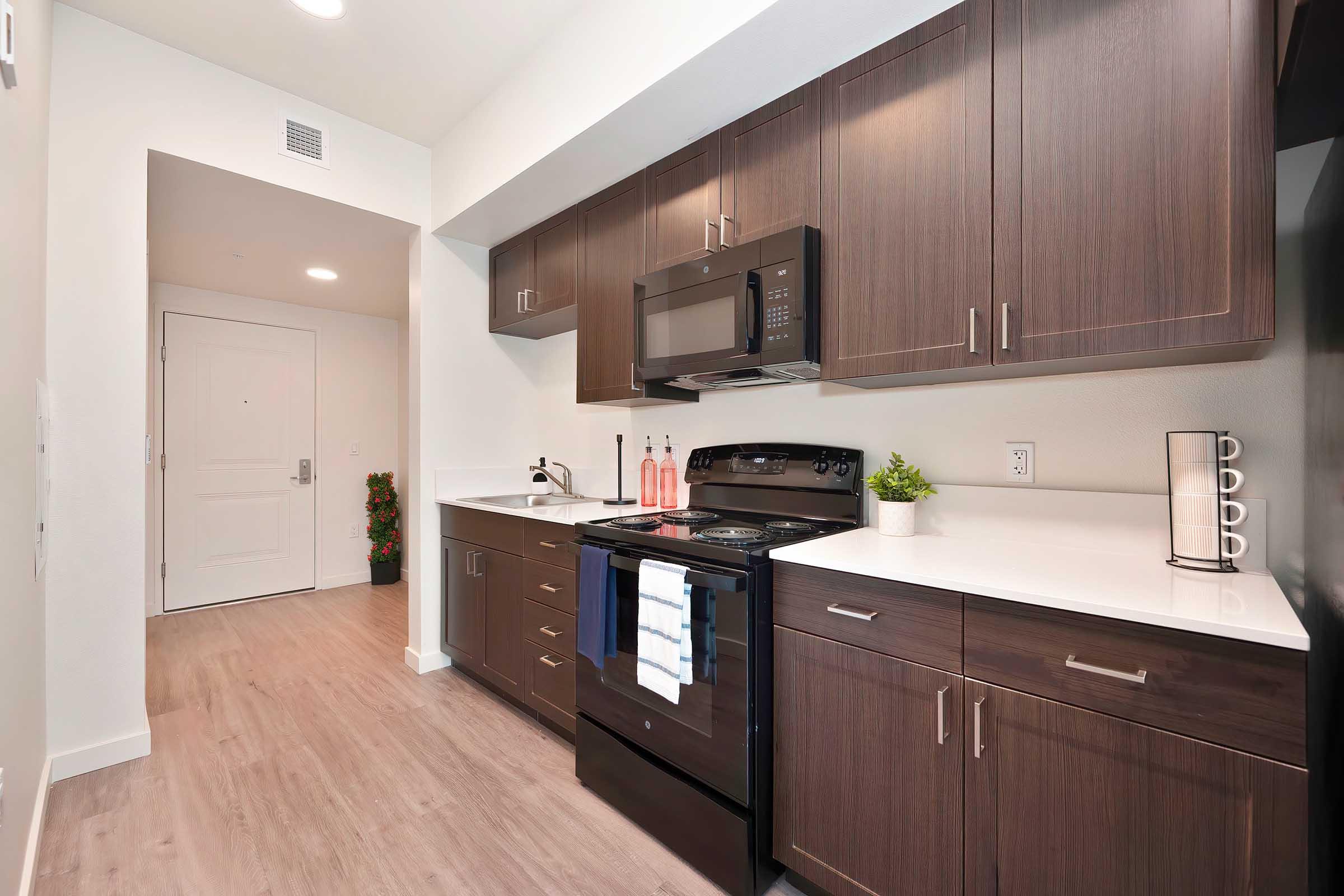 Modern kitchen featuring dark wood cabinets, stainless steel appliances, and a white countertop. Includes a black stove, a microwave, and a stylish faucet. The floor is light-colored wood, and there’s a small plant and decorative items on the counter. The entry door is partially visible on the left.