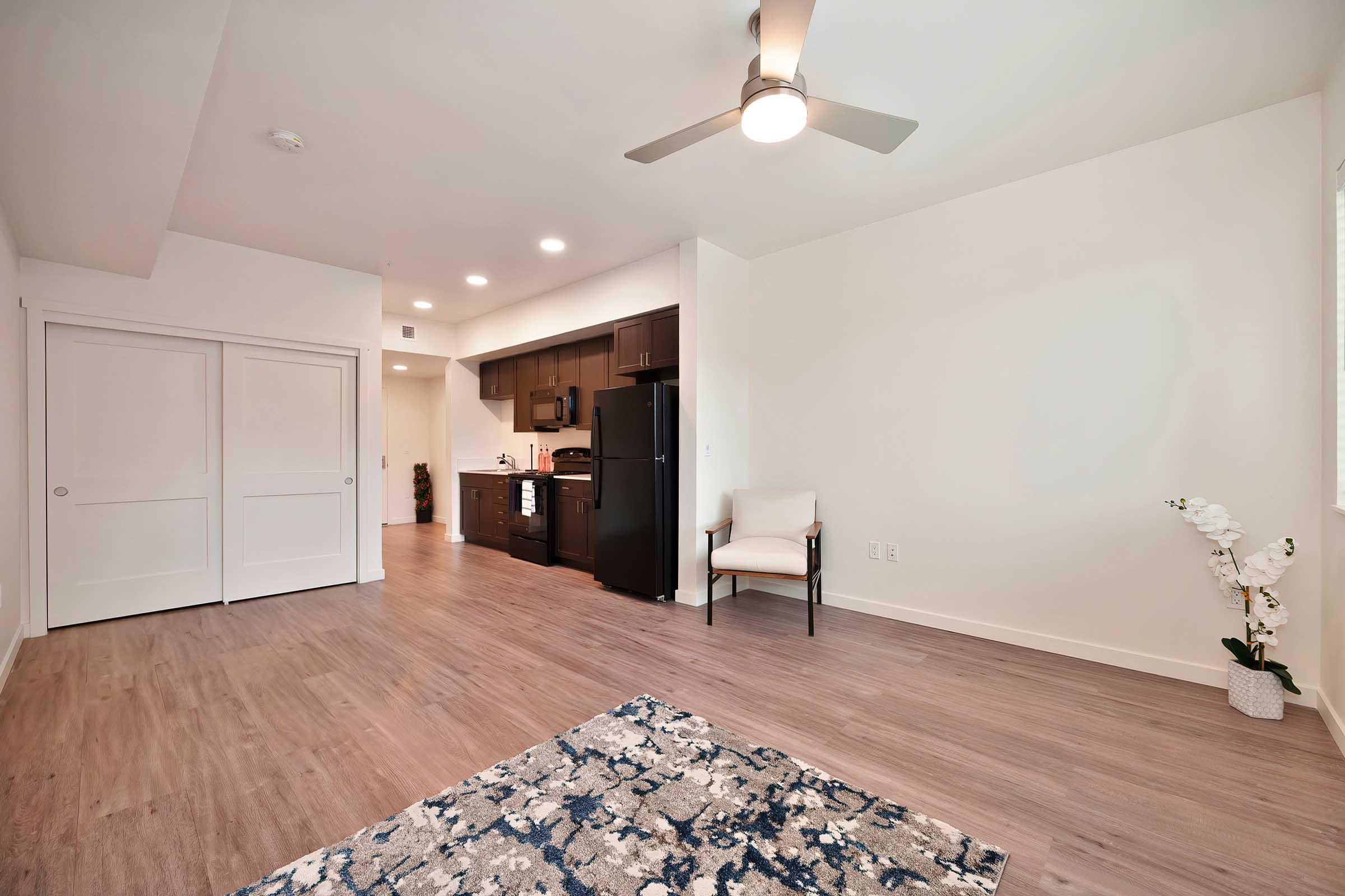 A modern, spacious living area featuring hardwood floors, a ceiling fan, and large windows. The kitchen includes dark cabinetry and a black refrigerator, while a small chair and a decorative plant add a touch of warmth. An area rug with a blue and white design is visible on the floor.
