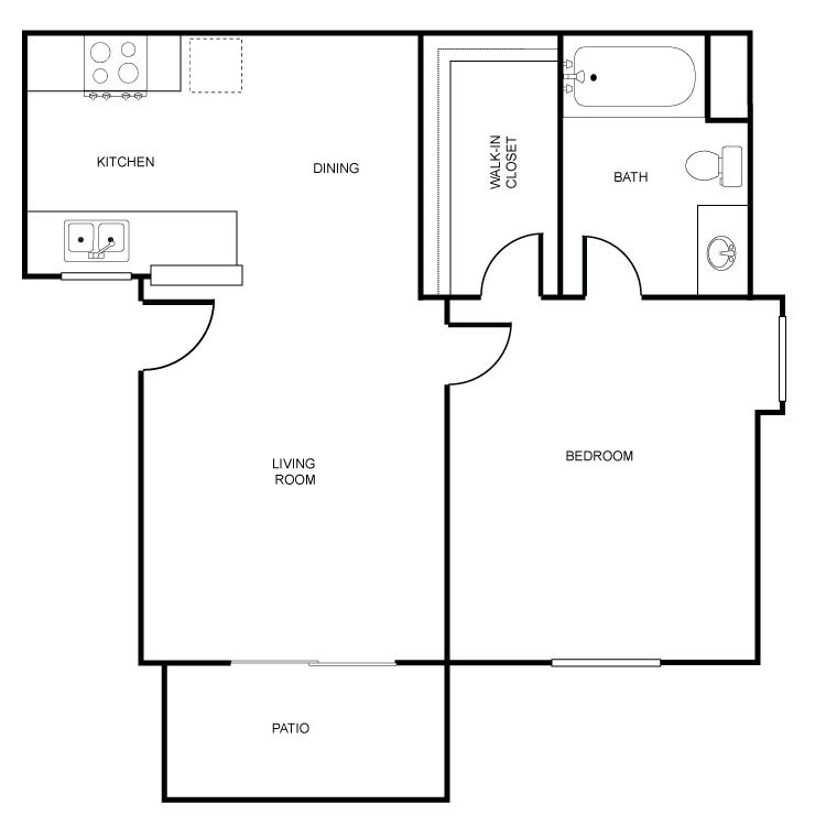 Crescent, a 1 bedroom 1 bathroom floor plan.
