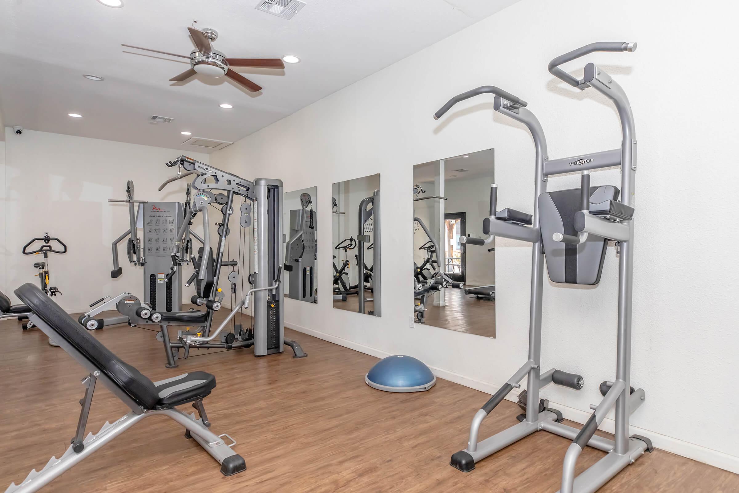 A modern home gym featuring various exercise equipment including a weight bench, pull-up station, resistance machines, and a balance disc. Mirrors on one wall enhance the space, while a ceiling fan provides ventilation. The floor is covered in wood-like flooring, creating a clean and inviting workout environment.