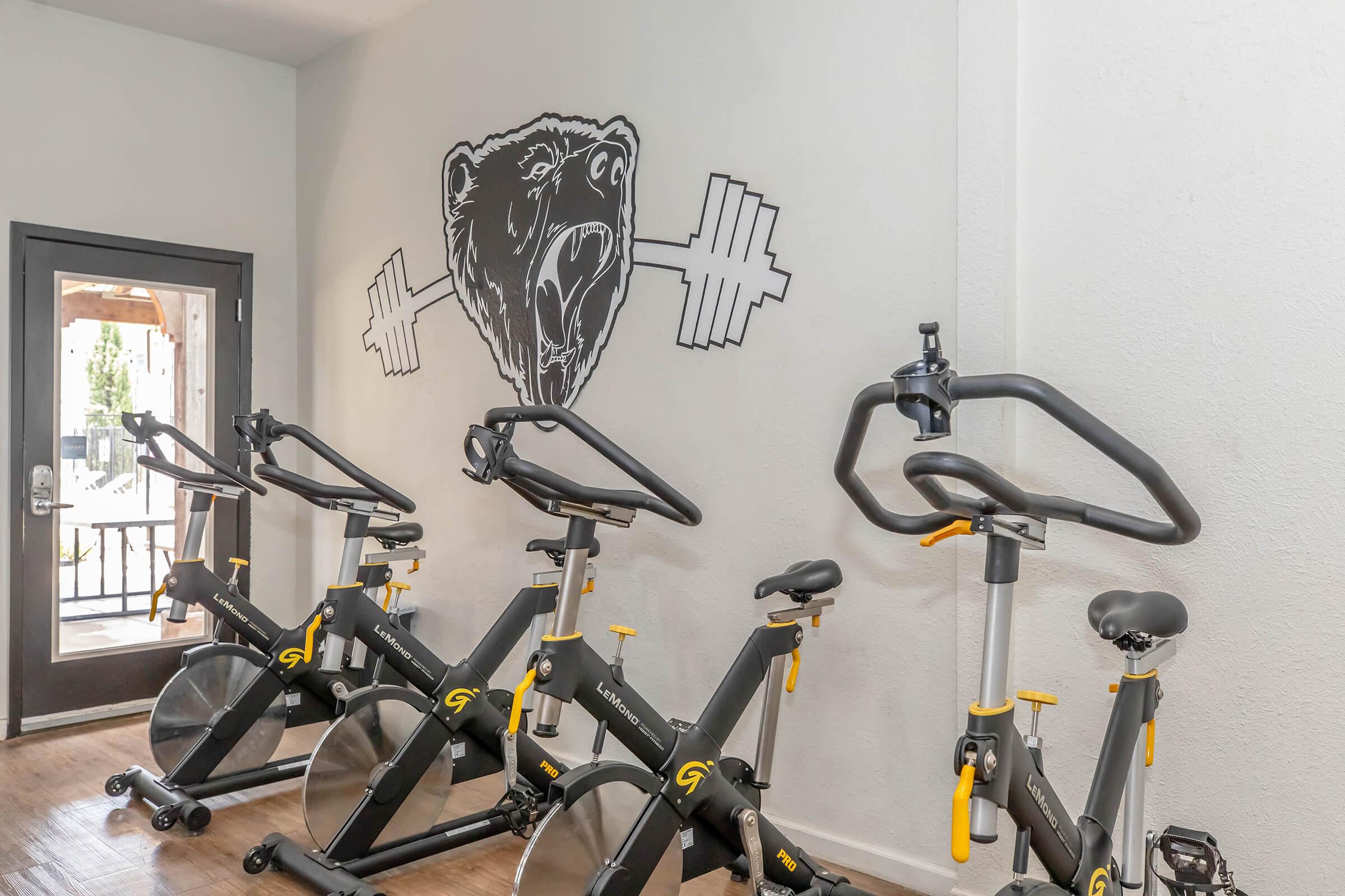 A fitness room featuring several stationary bikes arranged in a row. The wall behind them has a graphic of a bear's head, with a barbell design. The space has light-colored walls and a wooden floor, creating a modern gym atmosphere.