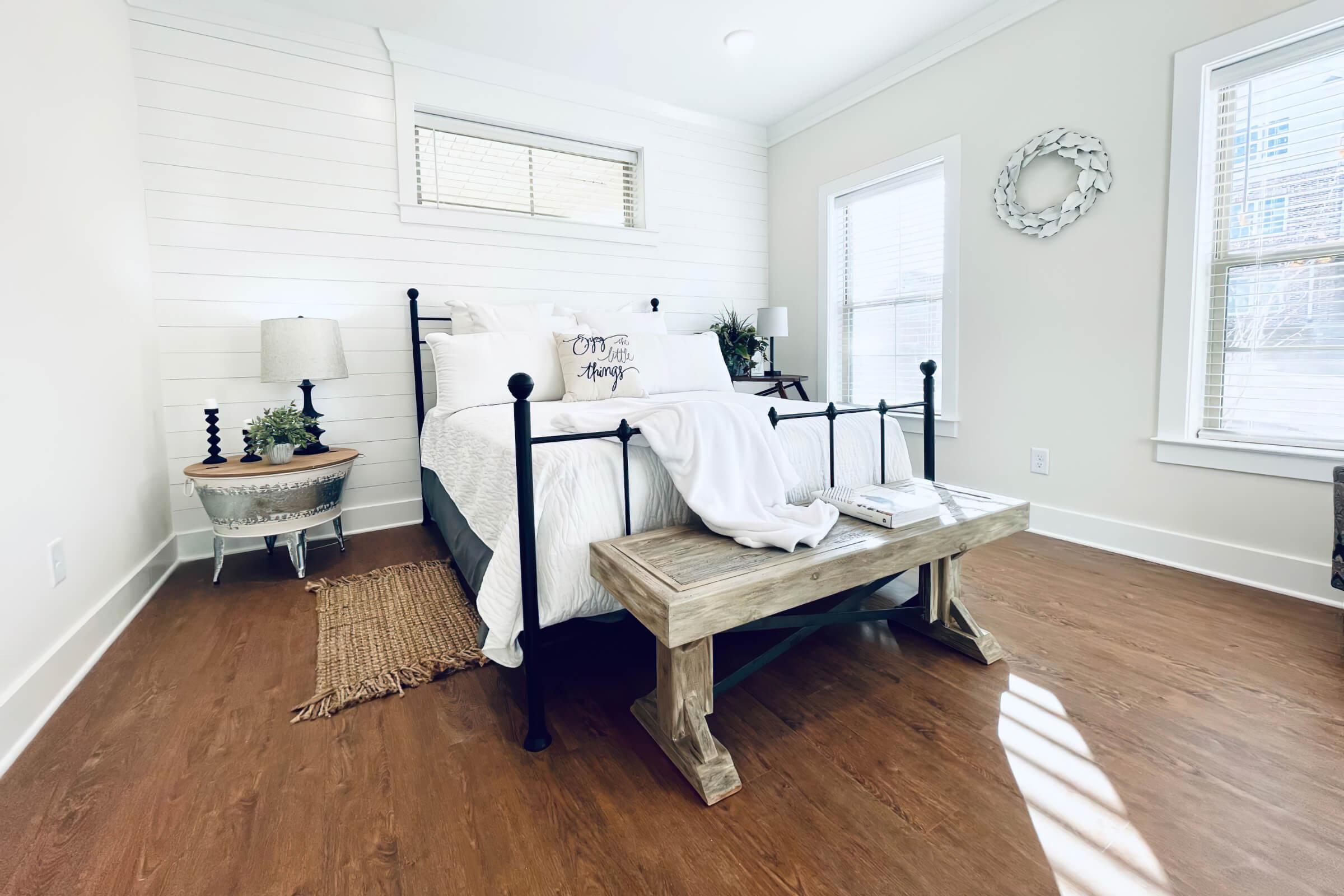 a living room with a wooden floor