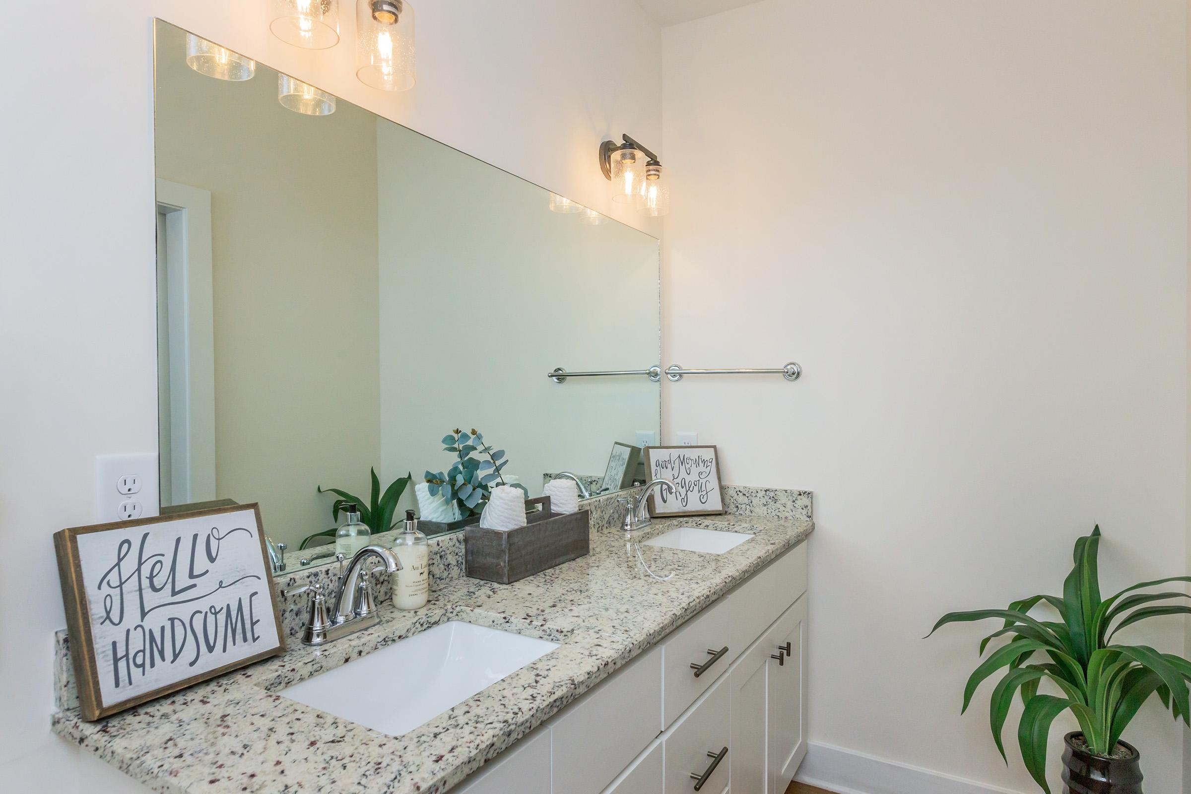 A modern bathroom vanity with a granite countertop, two sinks, and a large mirror. There are decorative elements including a sign that says "Hello Handsome," a potted plant, and a stylish light fixture above the mirror, creating a clean and inviting atmosphere.