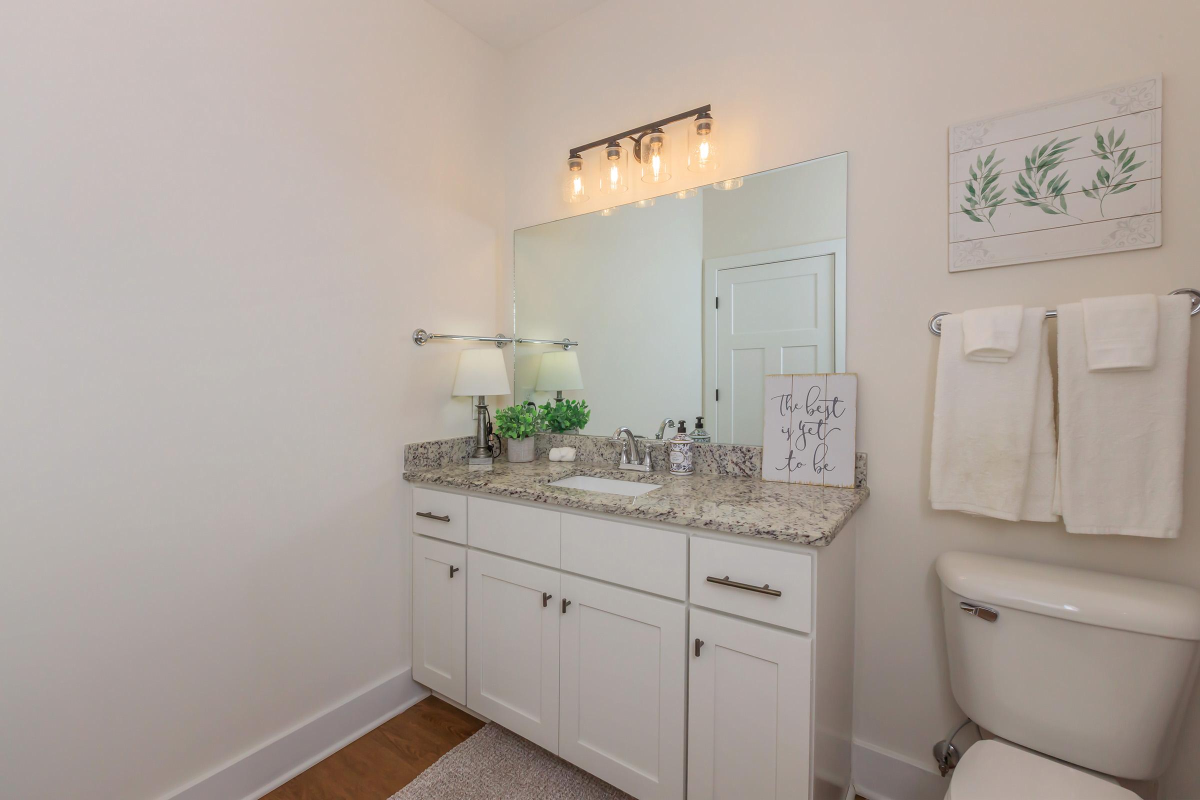 A modern bathroom featuring a white vanity with a granite countertop, a large mirror above the sink, and stylish lighting. Decorative elements include a green plant, a framed print on the wall, and neatly hung towels. The space has a clean, minimalist design with neutral colors.
