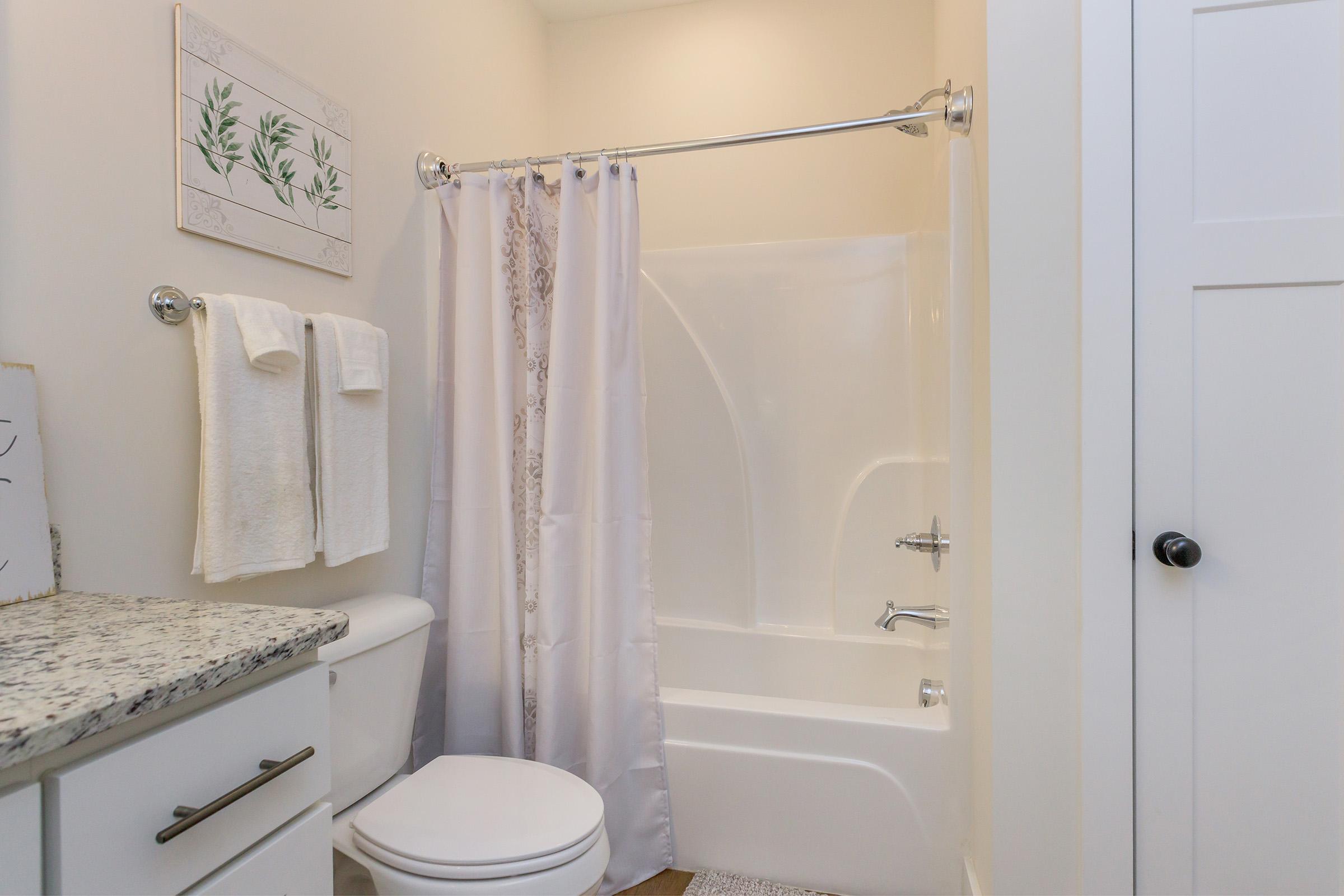 A clean, modern bathroom featuring a white bathtub with a shower curtain, a white toilet, and a granite countertop. There are neatly hung white towels and a decorative wall art piece with plant illustrations. The walls are painted in a light color, creating a bright and airy atmosphere.