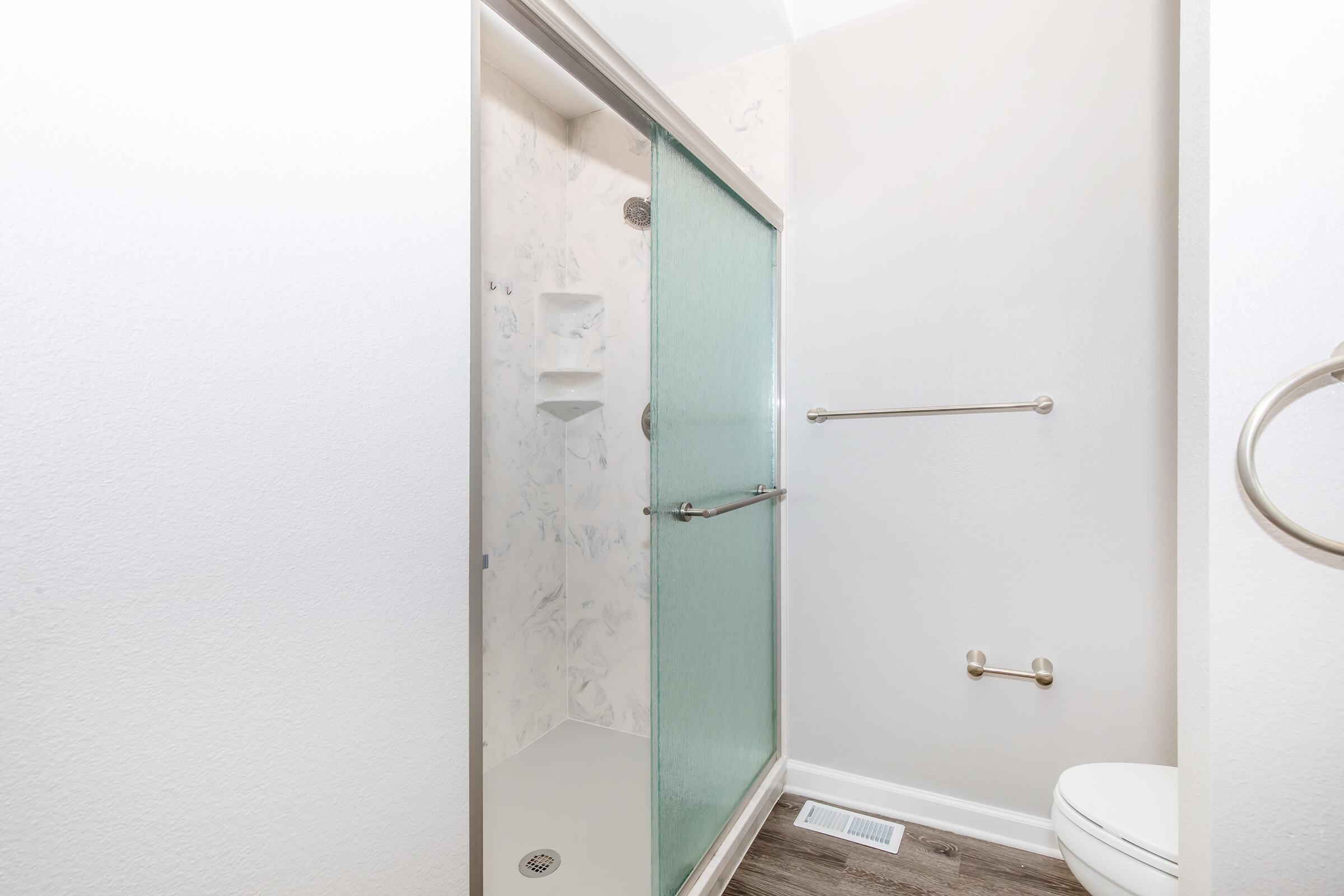 A modern bathroom featuring a glass shower enclosure with a frosted door, a minimalist design, light-colored walls, and a toilet visible in the corner. The flooring is a dark wood style, adding contrast to the bright space.
