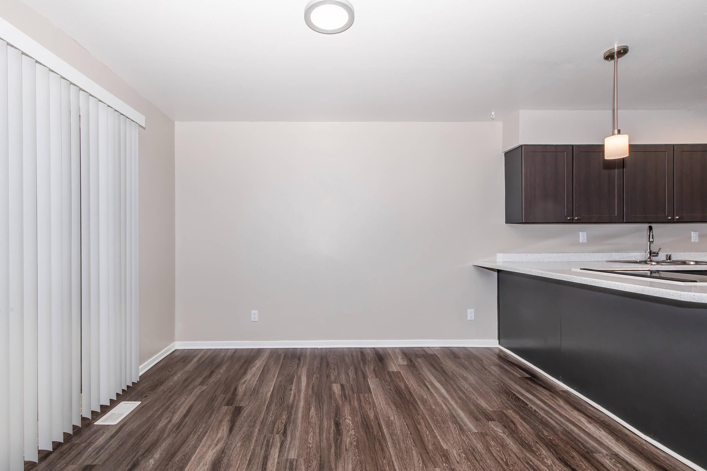 A modern kitchen space featuring a sleek dark cabinetry with a gray countertop, a single pendant light above the kitchen island, and a spacious area with wood-like flooring. Vertical blinds cover a window, and the walls are painted in a light neutral color, creating a bright and open atmosphere.