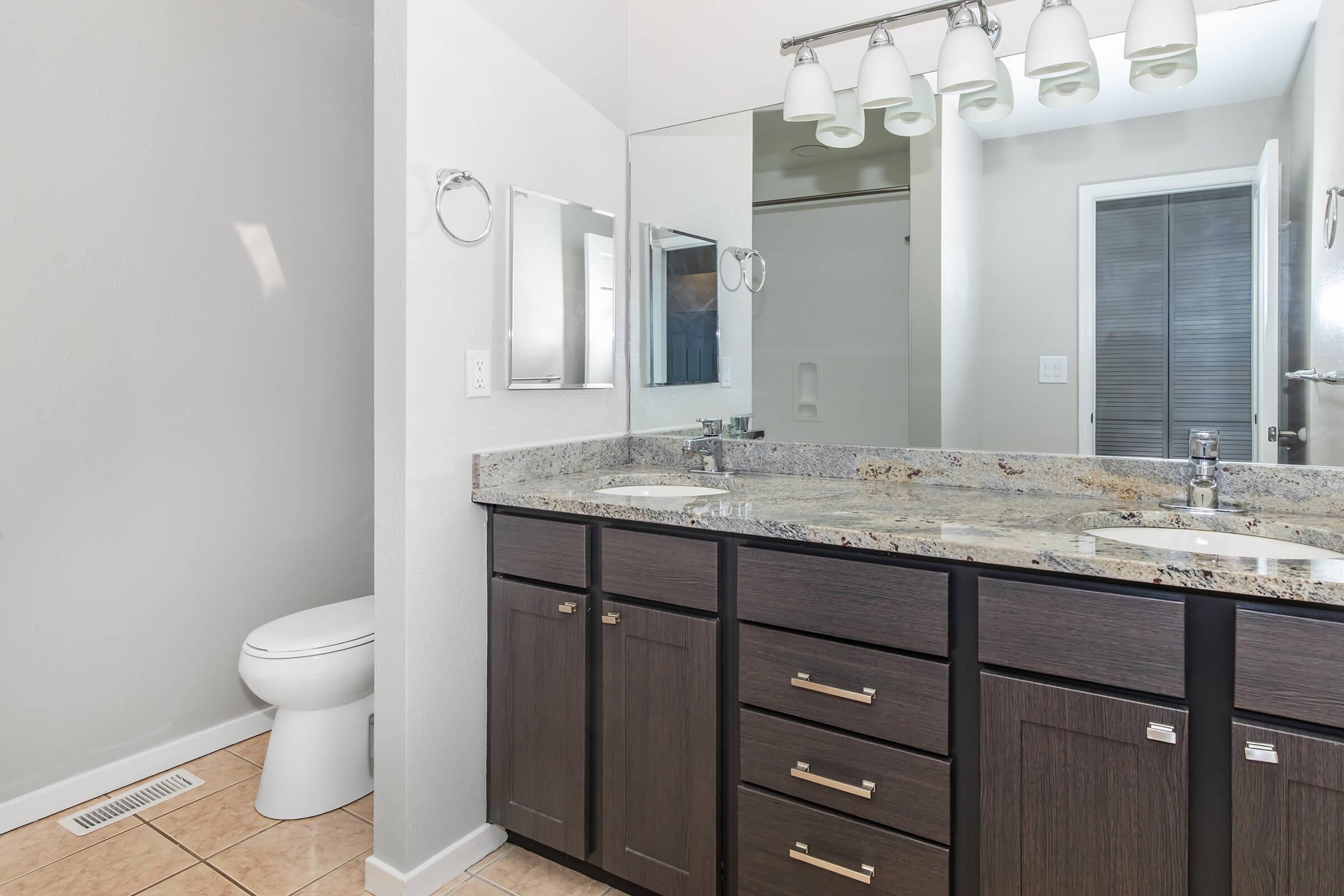 A modern bathroom featuring a double vanity with a granite countertop, two sinks, and a large mirror. There is a light fixture above the vanity and a toilet visible in the corner. The walls are painted in a light color, and the floor is tiled. A door leads to another room in the background.