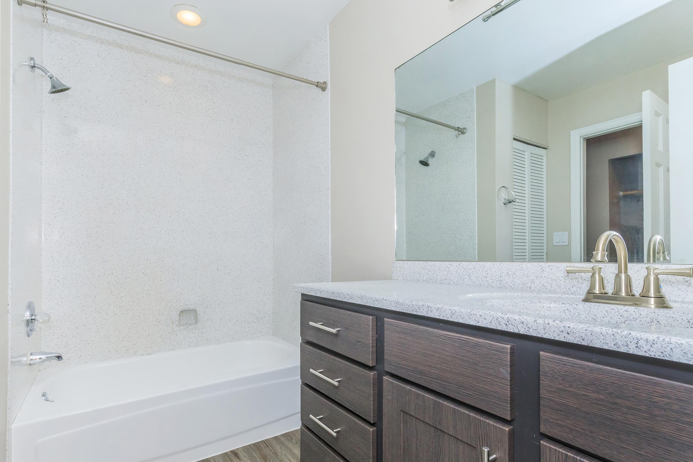 A modern bathroom featuring a bathtub with a shower, a sleek countertop with dual sinks, dark wooden cabinetry, and a large mirror. The walls are painted a neutral color, and the flooring has a wood-like appearance, creating a contemporary and clean aesthetic.