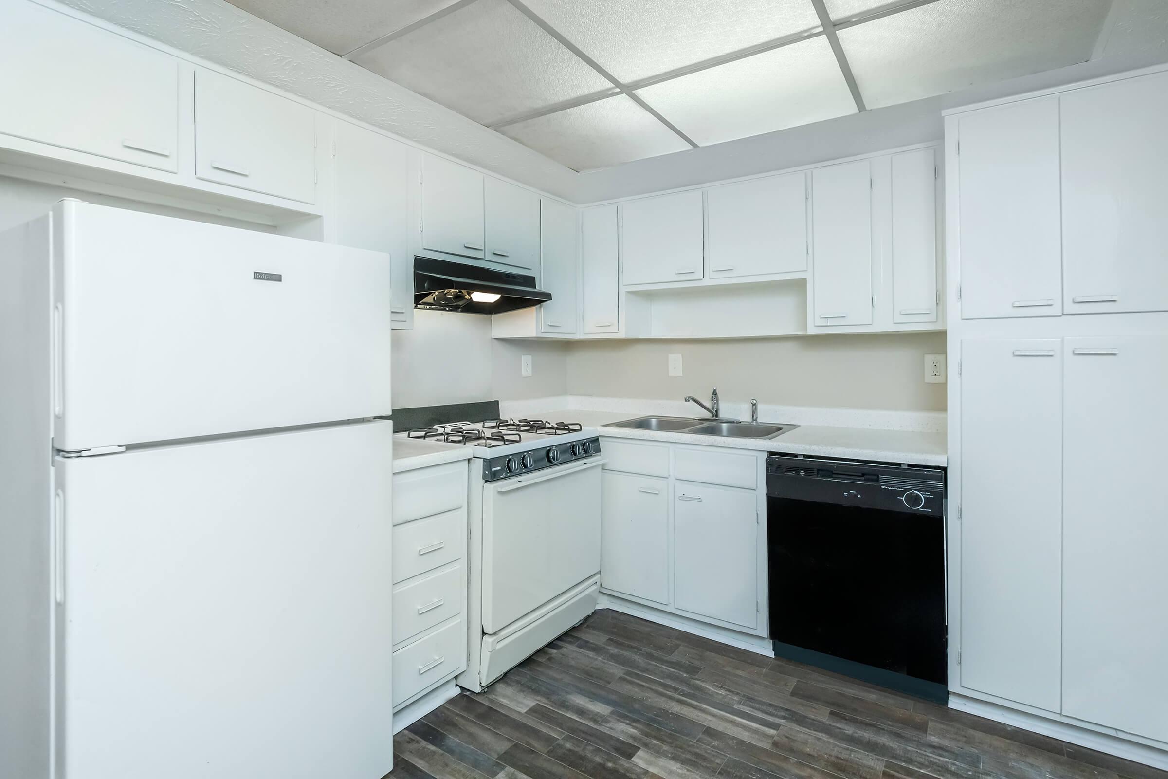 a kitchen with a stove and a refrigerator