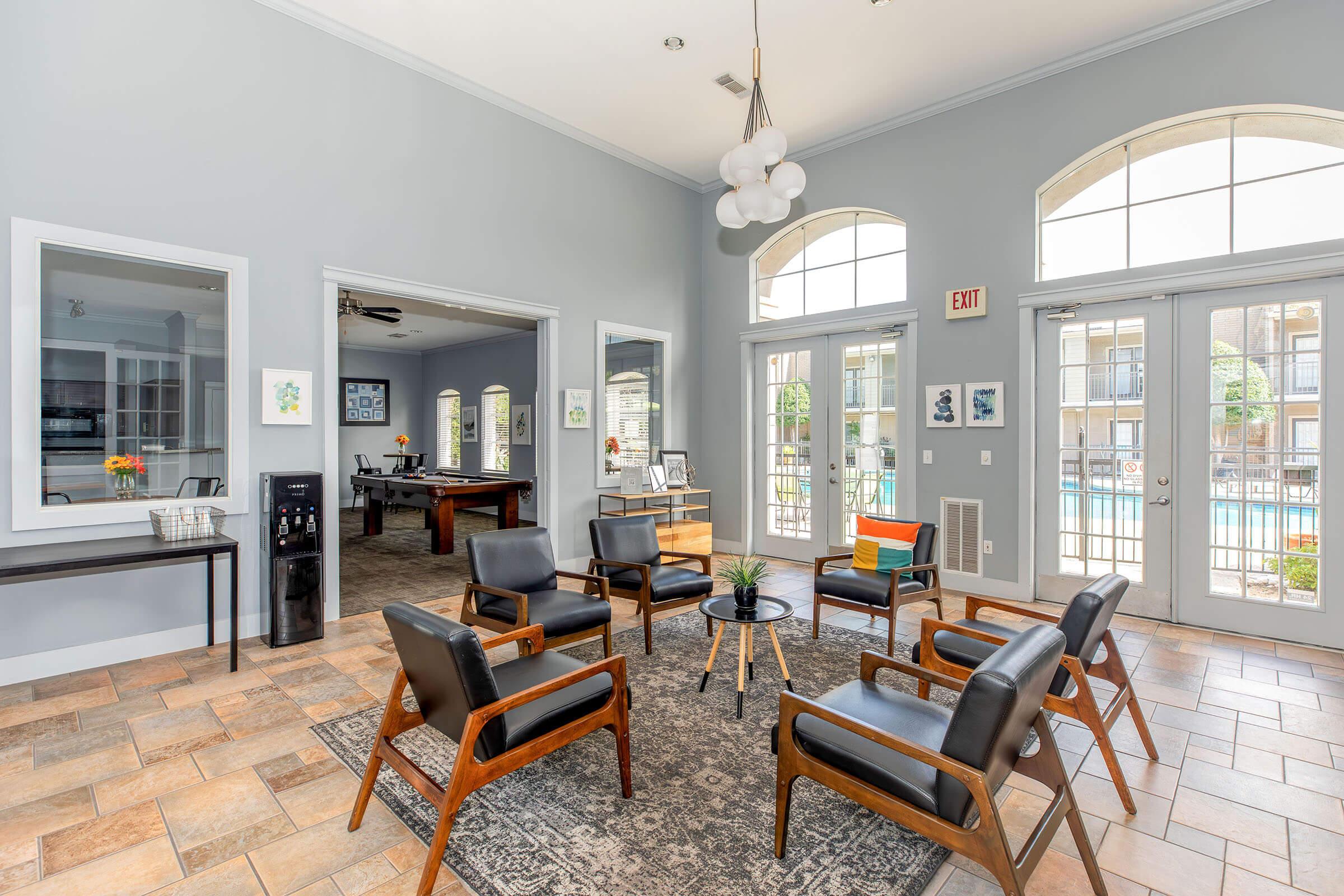 a dining room table in front of a building