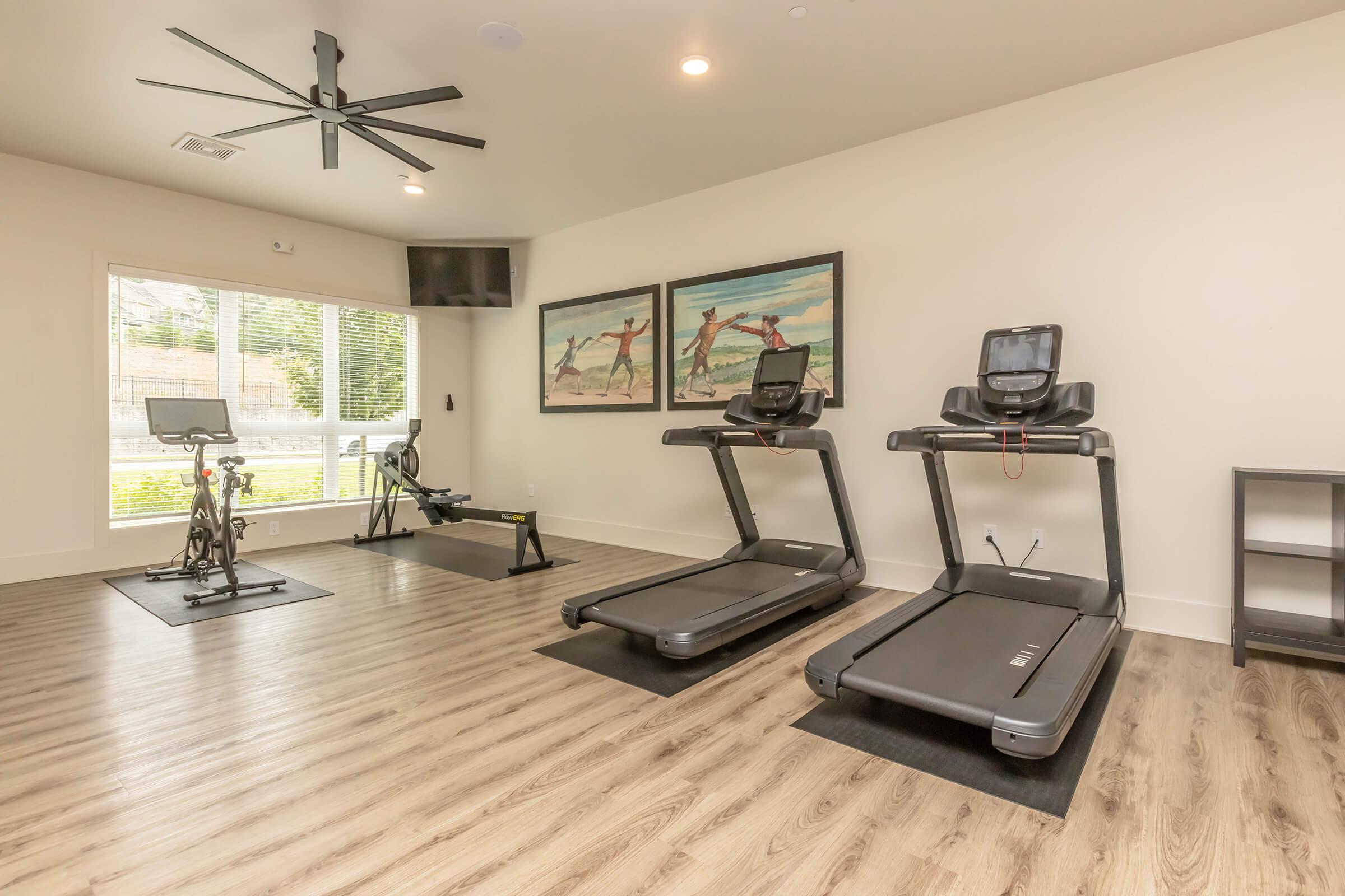 A modern exercise room featuring two treadmills and a stationary bike on mat surfaces. Large windows let in natural light, and there are two decorative paintings on the wall. A ceiling fan and a wall-mounted TV enhance the fitness space's functionality.