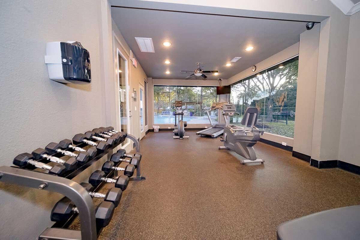 A modern gym interior showcasing a section with a rack of dumbbells, a treadmill, and an exercise bike. The room features large windows allowing natural light, with a fan on the ceiling and fitness equipment neatly arranged on a durable floor surface.