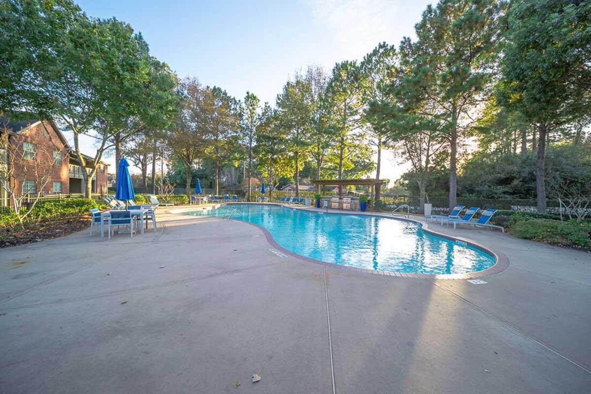 A serene outdoor swimming pool surrounded by trees, with lounge chairs and an umbrella nearby. The sky is clear and bright, reflecting a sunny day, while the pool water shimmers in the sunlight. Also visible are well-maintained pathways and greenery in the background, creating a tranquil atmosphere.