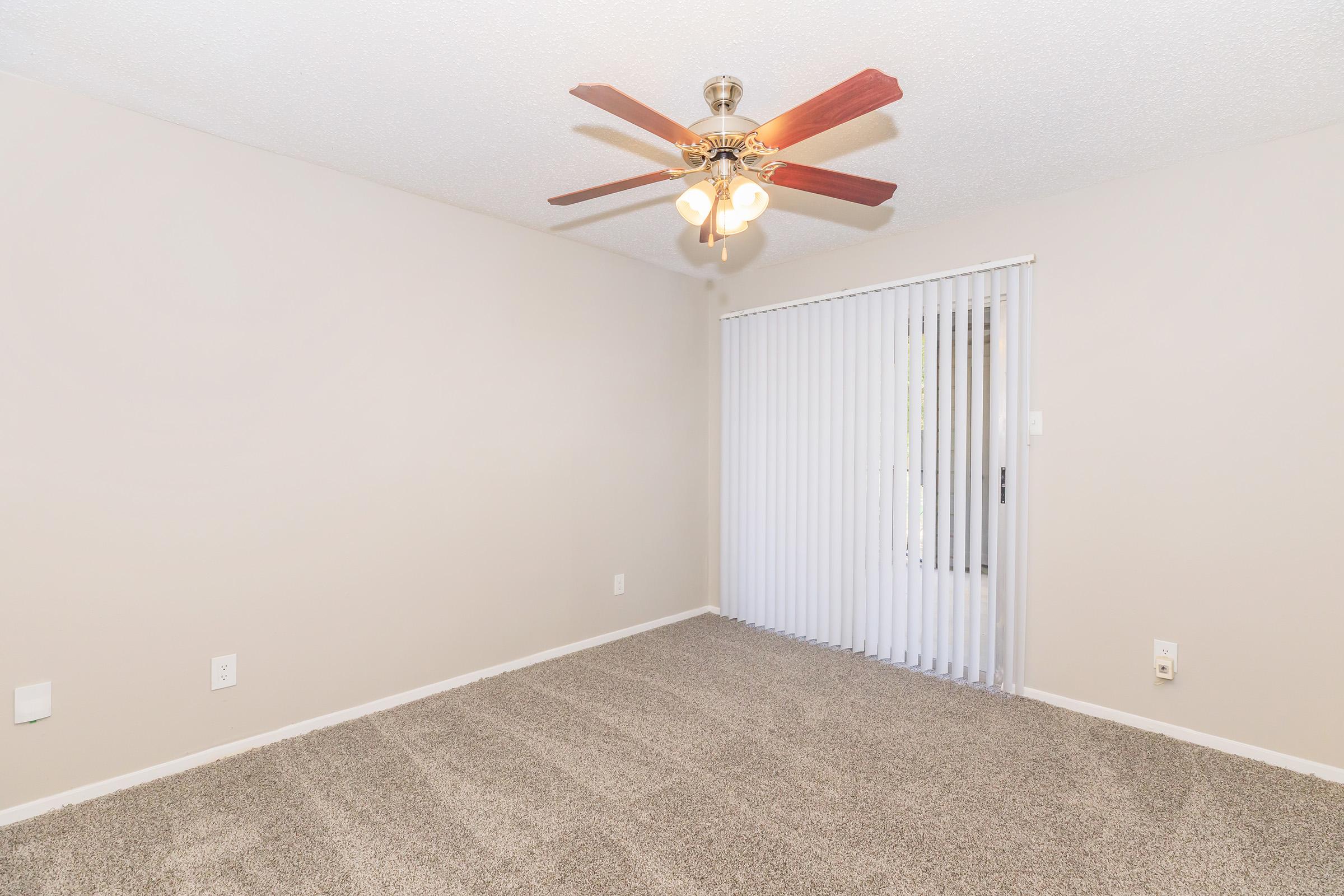 A spacious, unfurnished room with light beige walls and a ceiling fan with wooden blades. The floor is covered in plush carpet, and there is a sliding glass door with vertical blinds leading outside. Natural light streams in through the door.