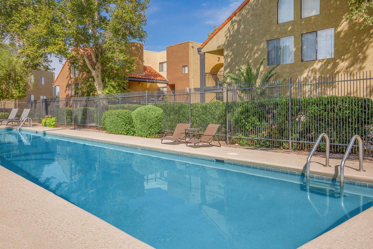 a pool next to a building