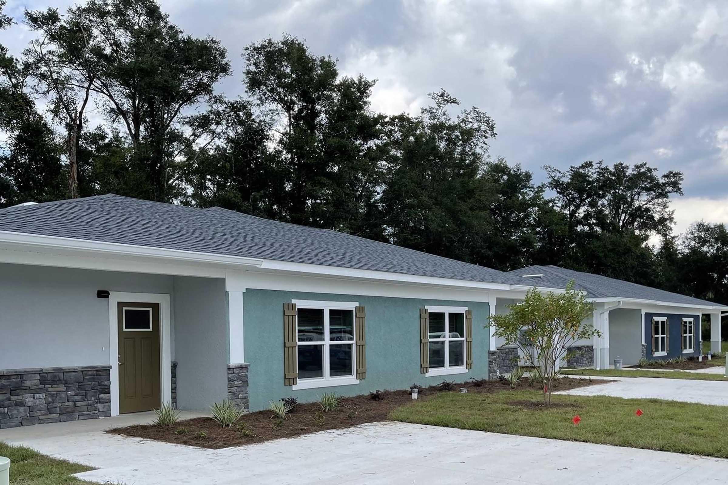 Newly constructed single-story homes featuring a modern design with a mix of color and stone accents. Each house has large windows with shutters, well-maintained lawns, and a driveway. The background shows lush trees under a cloudy sky.