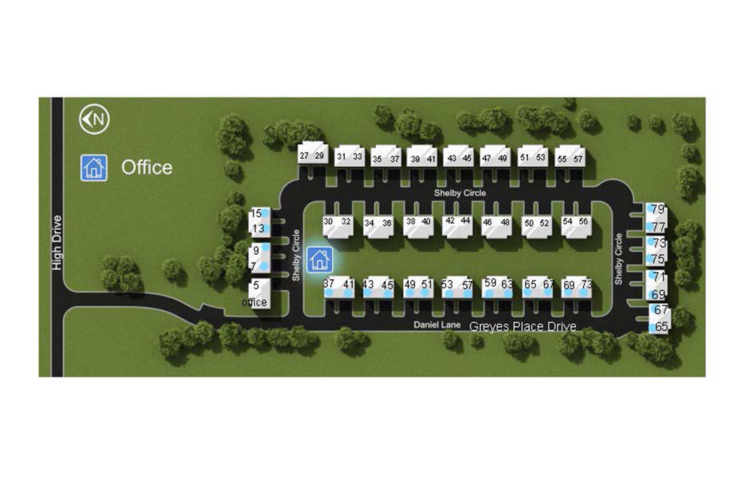 Map of a residential area showing street names, office location, and numbered units on Shelby Circle, including Daniel Lane and Grayes Place Drive. The layout indicates parking spots and green spaces with trees around the buildings.