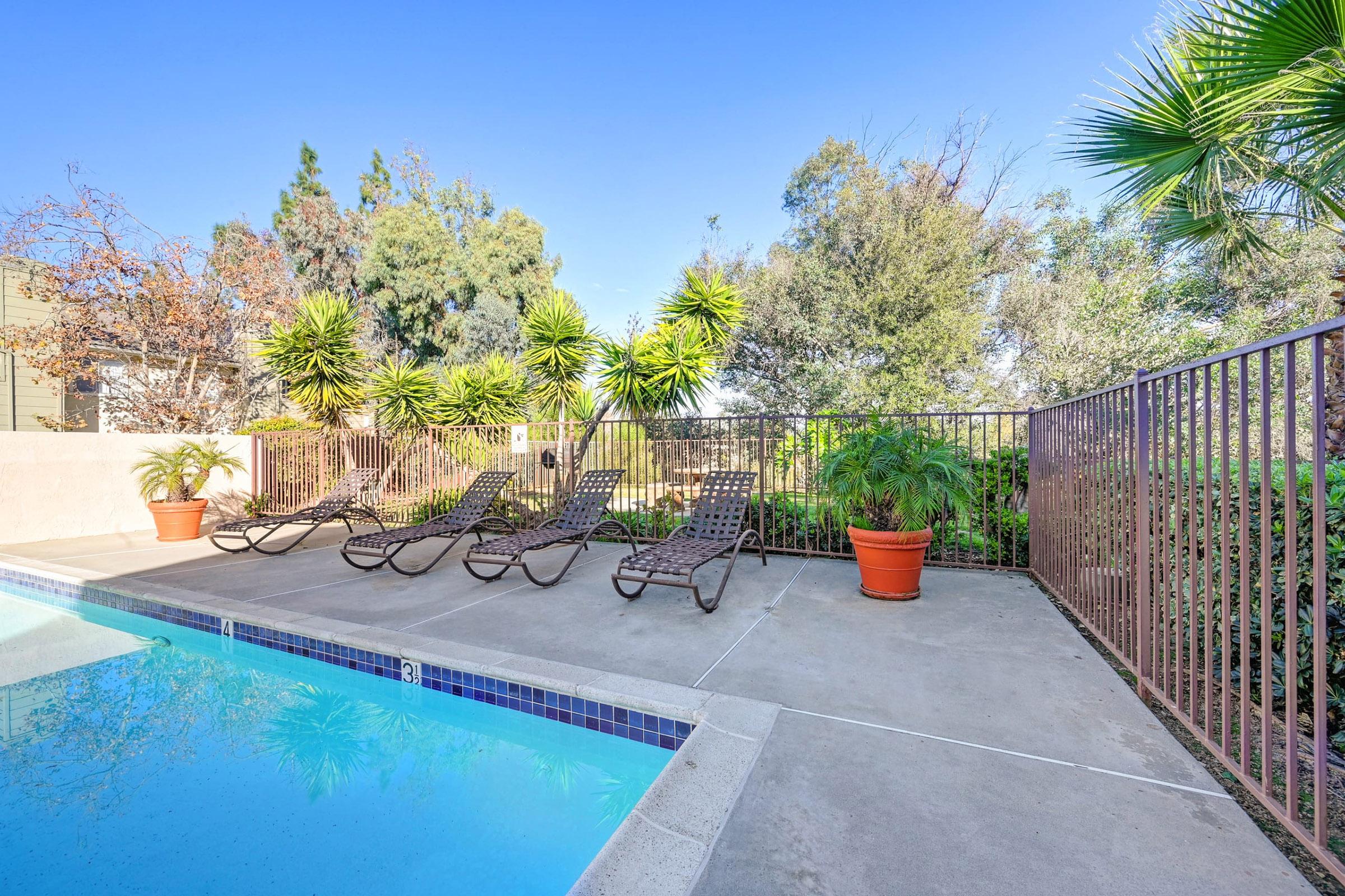 A serene outdoor area featuring a swimming pool with clear blue water, surrounded by lounge chairs. Lush greenery, including palm trees, is present in the background, creating a tranquil atmosphere. The surrounding fence and pots with plants add to the inviting ambiance of the space.