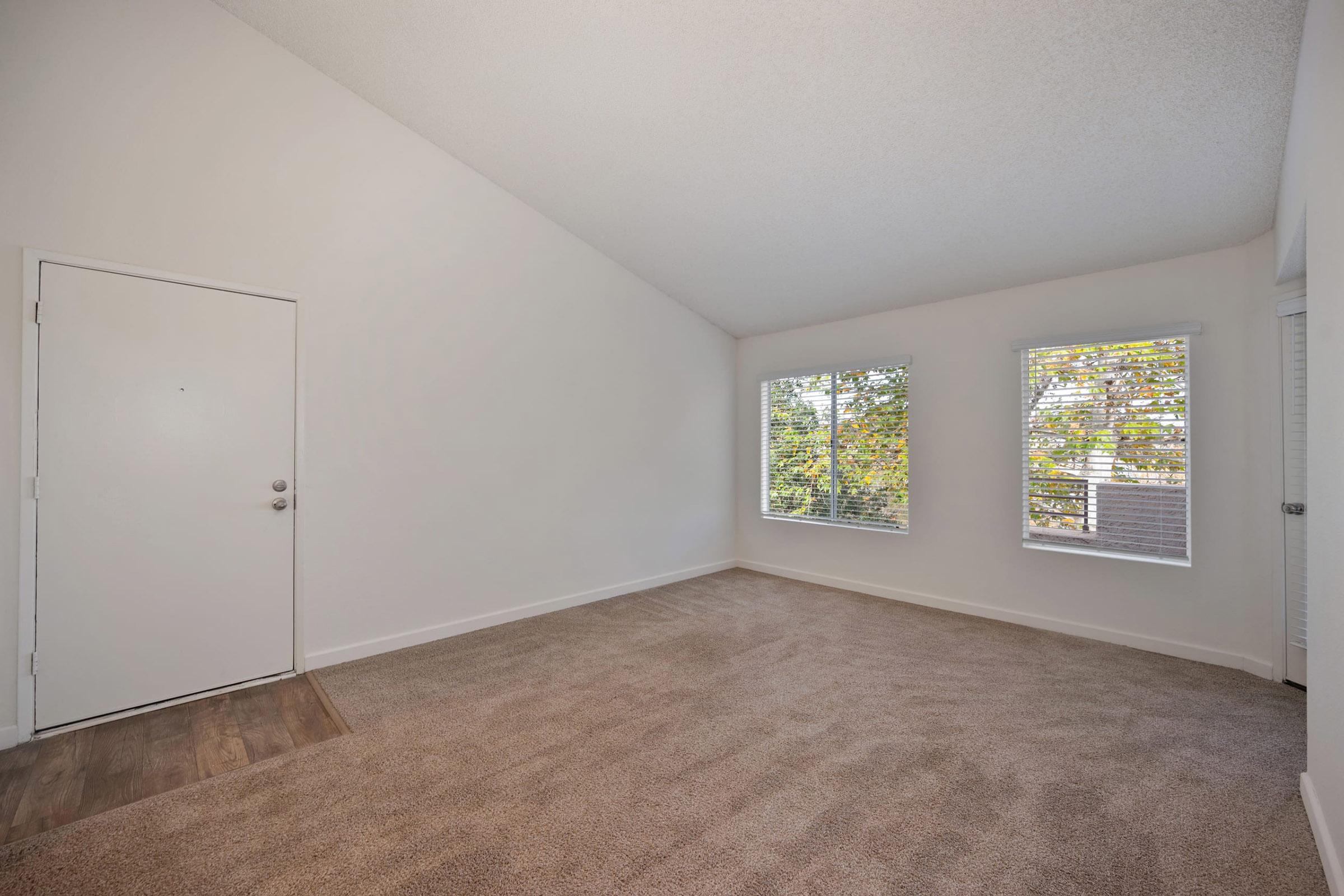 A spacious, empty living room featuring light beige carpet, a white textured ceiling, and two windows with blinds allowing natural light to enter. A plain white door is visible, providing access to the room. The walls are painted a neutral color, enhancing the airy feel of the space.