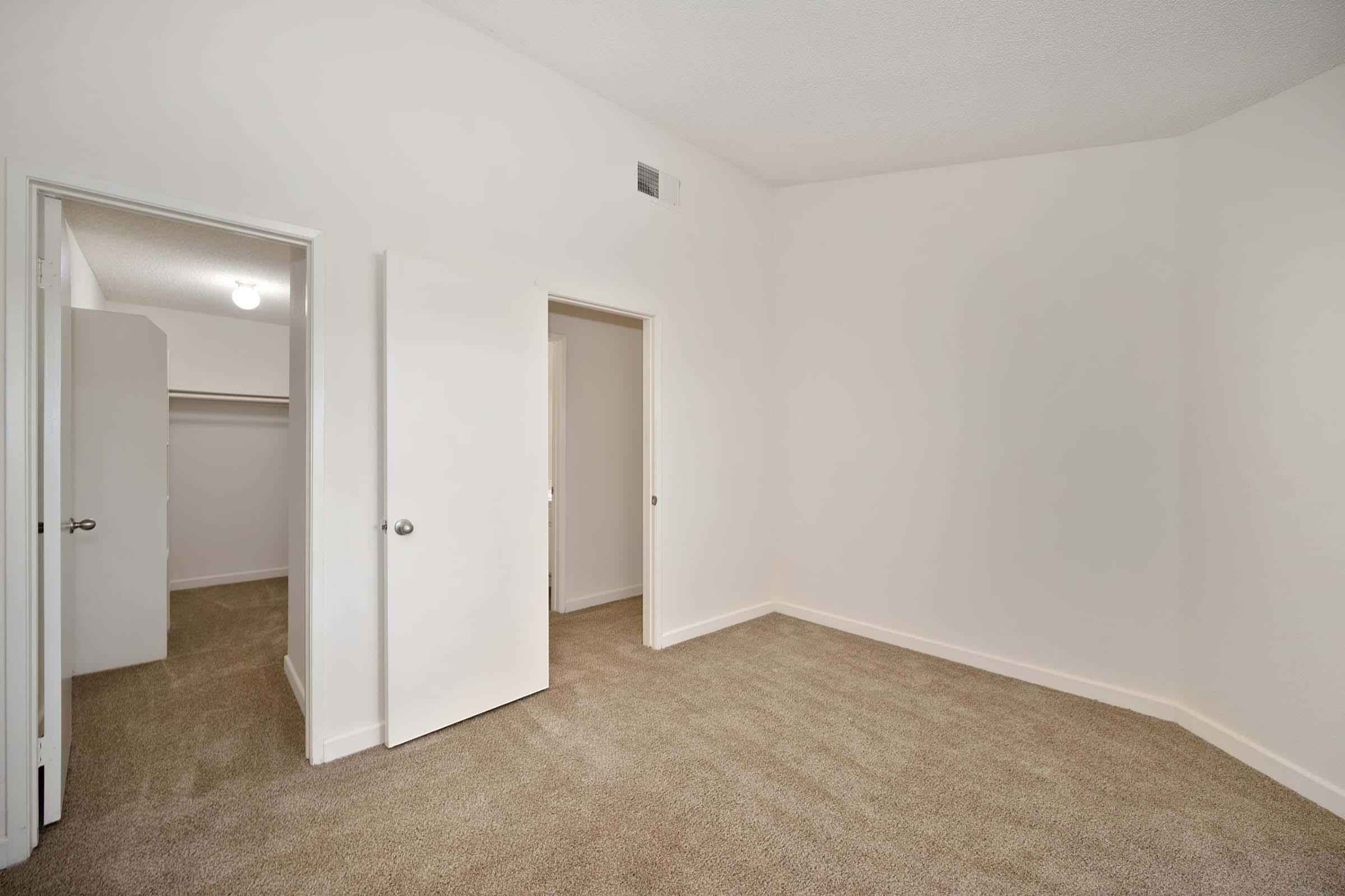 A spacious, empty room with beige carpet, light-colored walls, and two open doors leading to closets. Natural light comes from a ceiling fixture, creating a bright and inviting atmosphere. Ideal for various uses, such as a bedroom or office space.