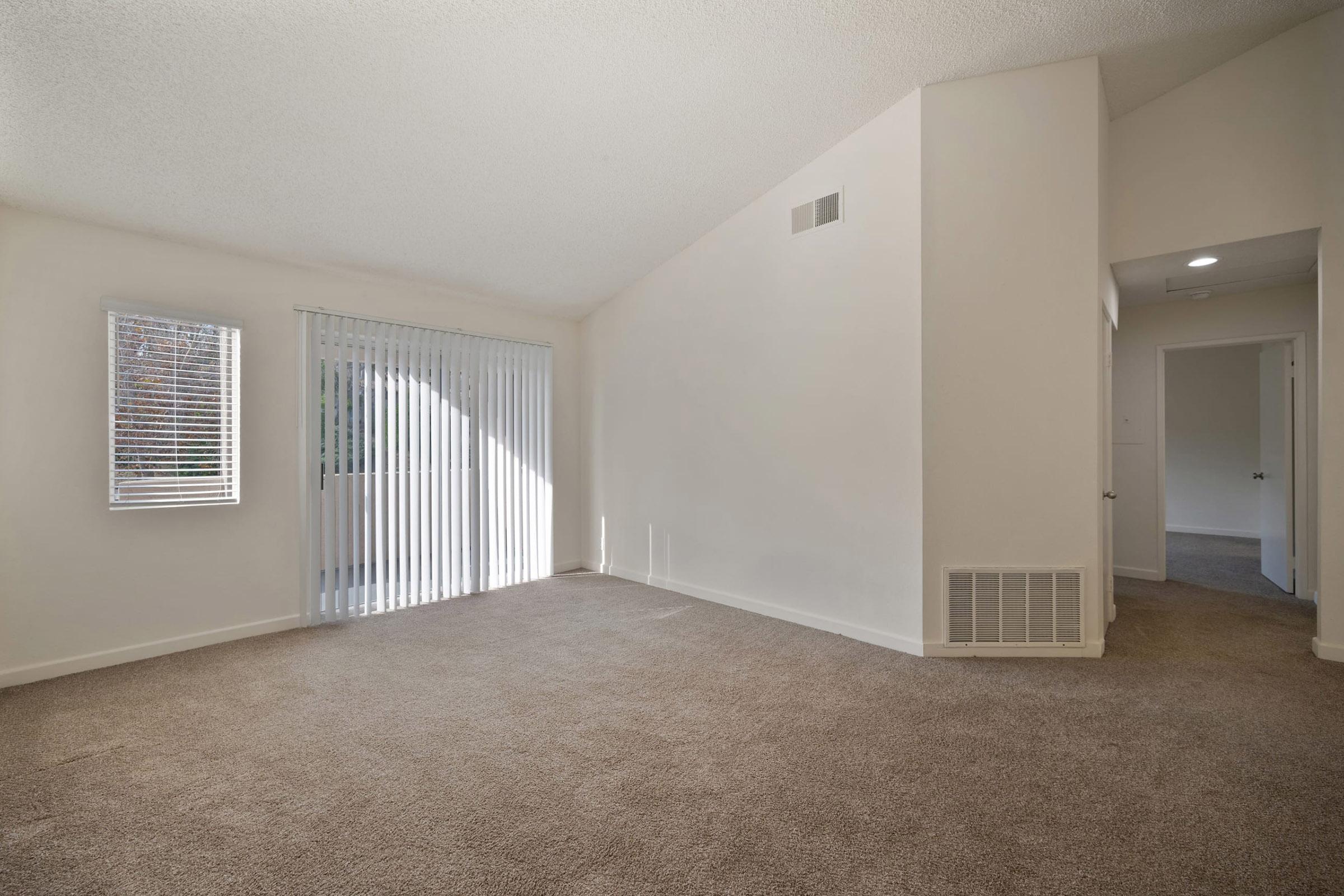 Spacious, empty living room with light beige carpet, large window with blinds allowing natural light, and white walls. A doorway leads to another room, and there's a wall vent. The overall ambiance is bright and inviting, ideal for decoration and furnishing.