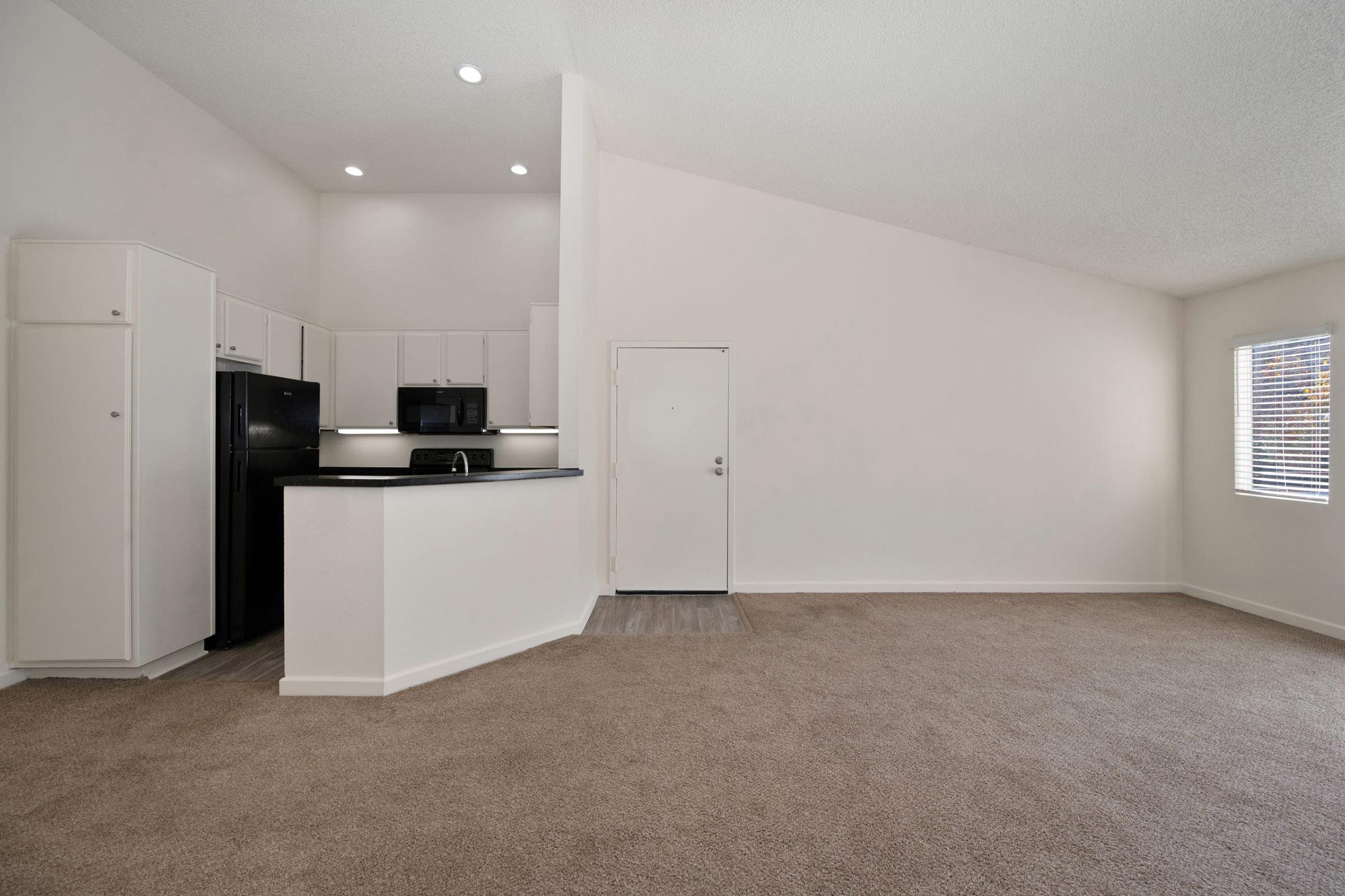 An open-concept living space showcasing light-colored walls and carpeting. The kitchen features modern appliances with a black countertop and cabinetry. A door leads outside, with a window providing natural light. The high ceiling adds a spacious feel to the room.