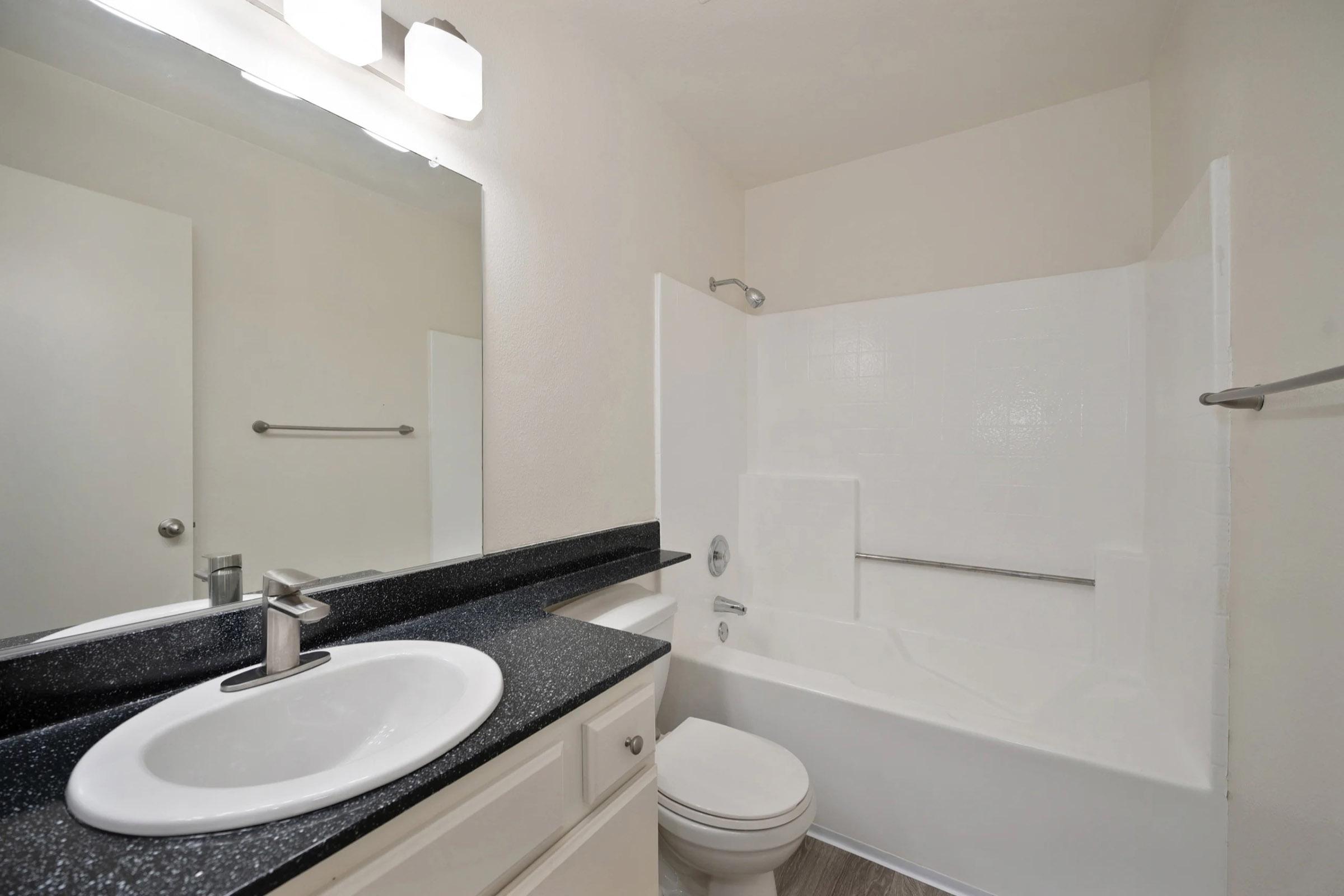 A clean, modern bathroom featuring a white bathtub and shower combination, a white sink with a black countertop, a large mirror above the sink, and a light fixture. The walls are painted in a neutral tone, and there is a towel bar mounted beside the tub. Vinyl flooring completes the look.