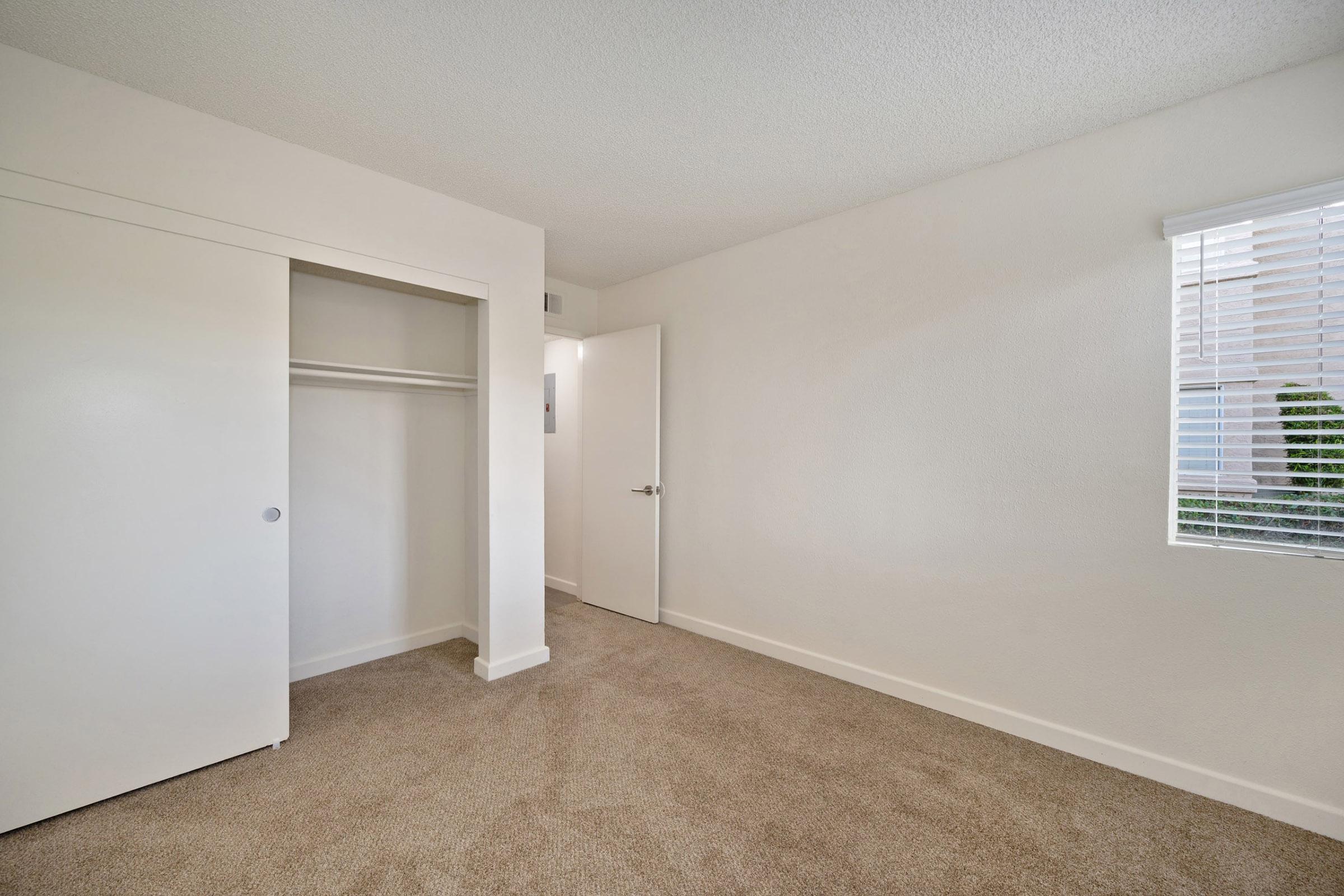 A vacant room featuring beige carpet, white walls, and a closet with sliding doors. There is a window with blinds allowing natural light, and a door leading to another area. The space is clean and minimalistic, suitable for personal customization.