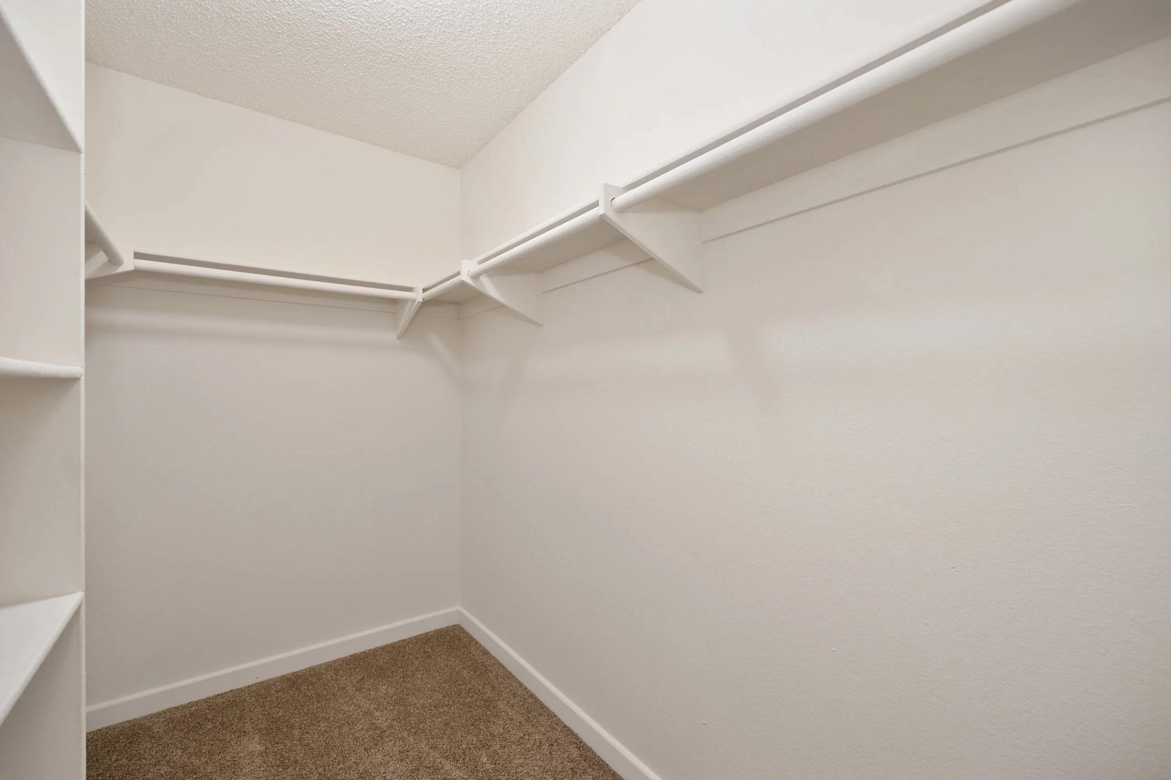 Empty closet with white walls, featuring two hanging rods and no shelf contents. The floor is covered with a light brown carpet, and there are no visible items or shelves in the closet space, creating a minimalist and clean appearance.