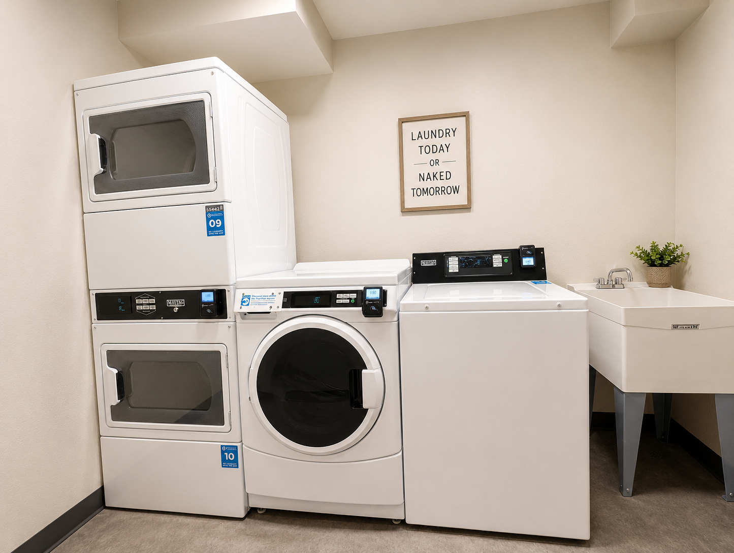 A clean laundry room featuring a stacked washer and dryer, along with a separate front-loading dryer and a laundry sink. A decorative sign on the wall reads, "LAUNDRY TODAY OR NAKED TOMORROW." There is a small plant on the countertop, and the overall space is bright and organized.