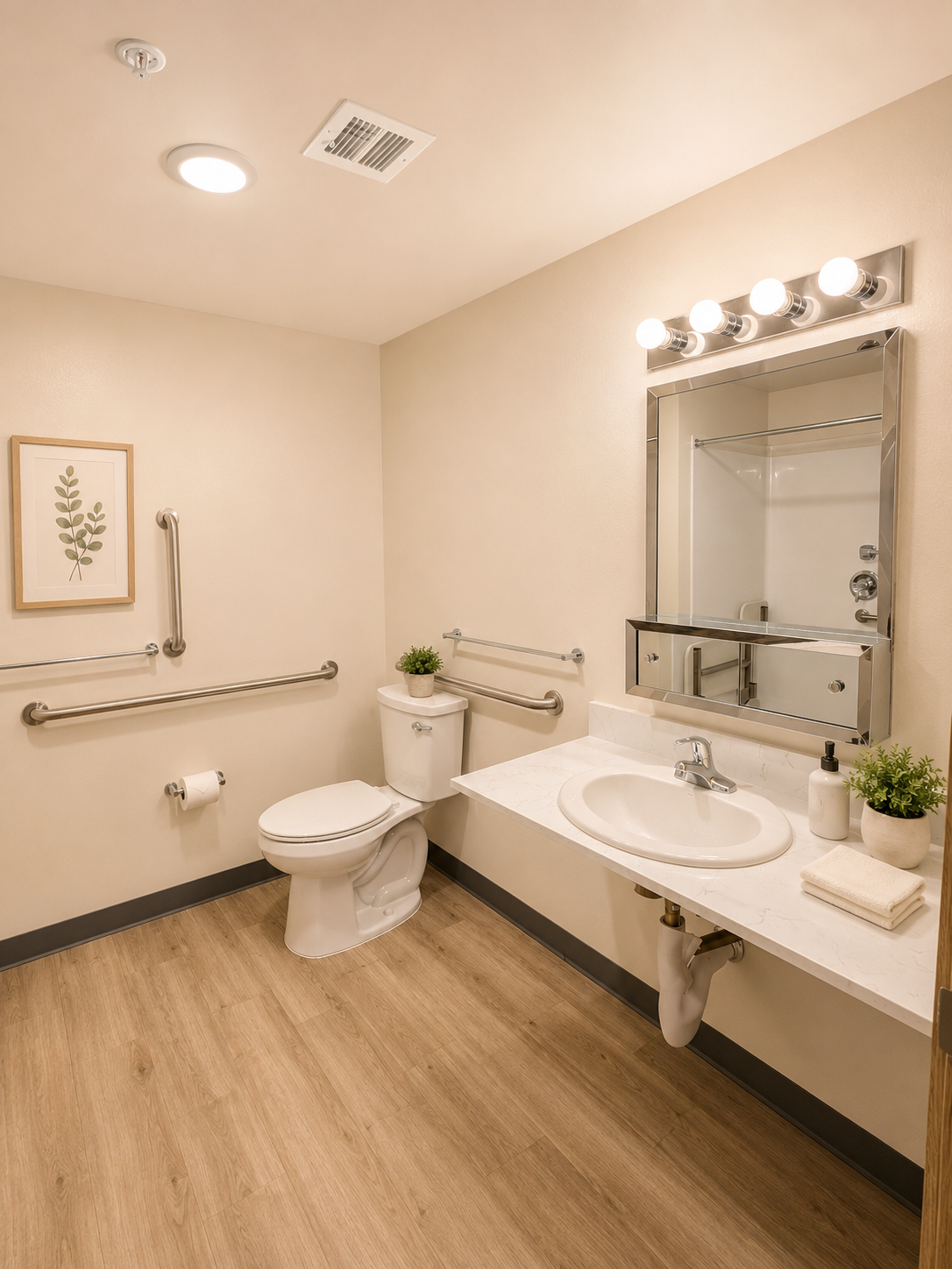 A modern accessible bathroom featuring a toilet, a sink with a marble countertop, and grab bars. The room is well-lit with a mirror above the sink and decorative elements, including a framed plant print and small potted plants. The flooring is light wood, creating a welcoming atmosphere.