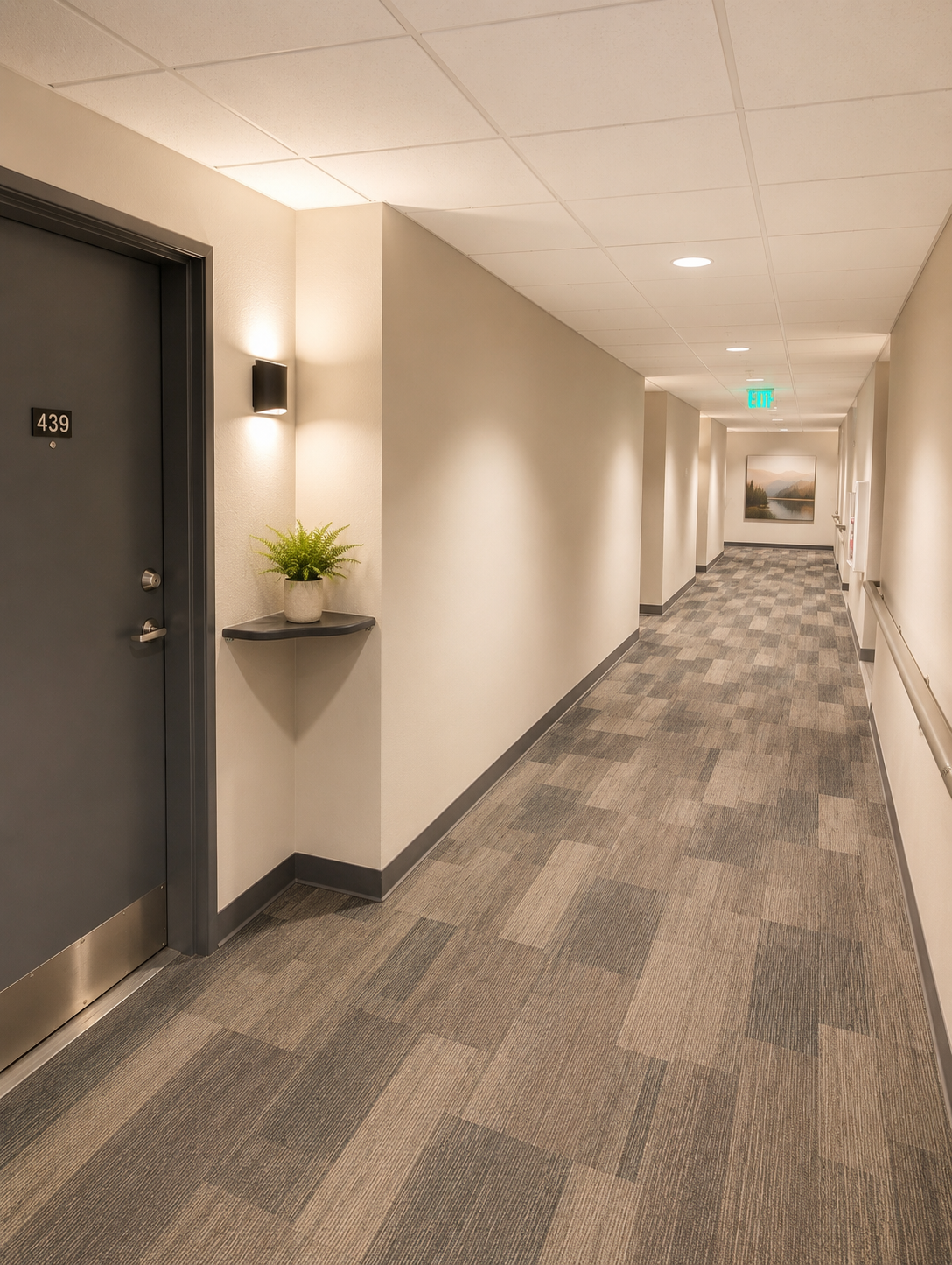 A well-lit hotel hallway featuring room number 439 on the left side. The walls are a neutral color, and a small potted plant sits on a wall shelf. The carpet has a modern geometric pattern, and there is soft overhead lighting illuminating the space. In the distance, there is a framed picture on the wall.