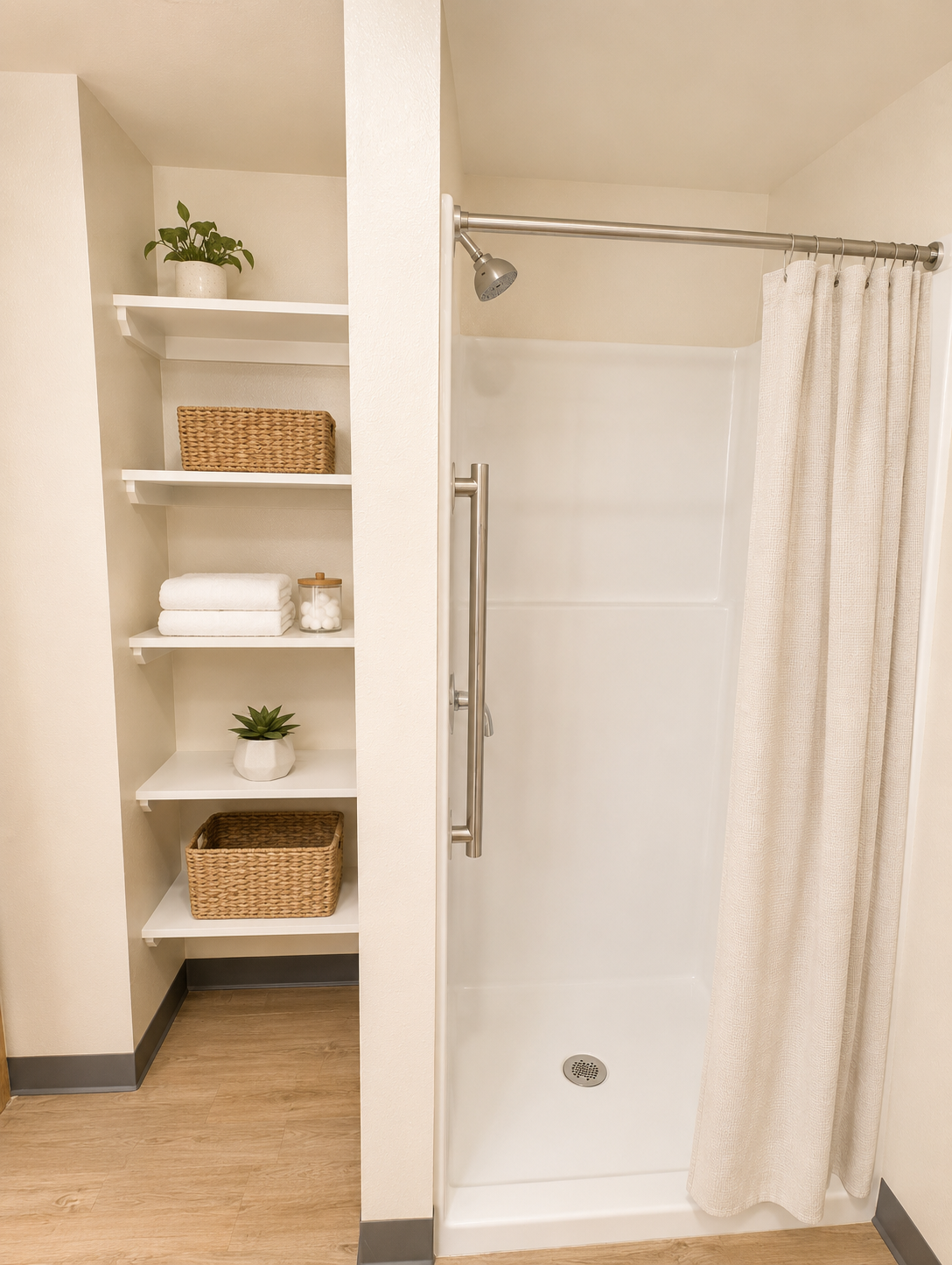 A modern bathroom featuring a spacious shower area with a clear glass door. Adjacent shelves hold neatly folded towels, a plant, and woven storage baskets. The walls are painted in a light color, and the floor is covered with light wood planks, creating a clean and inviting atmosphere.