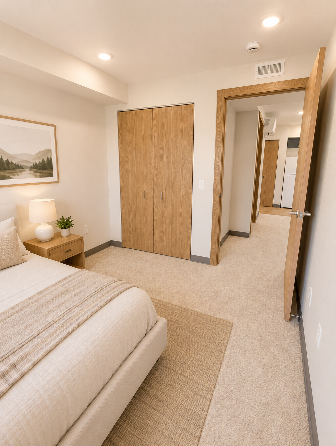 A well-lit, modern bedroom featuring a neatly made bed with neutral-colored bedding, a wooden nightstand with a lamp, and a small plant. The room has light-colored walls and carpet, with a large closet door and an open doorway leading to a hallway with more doors and visible kitchen appliances in the distance.