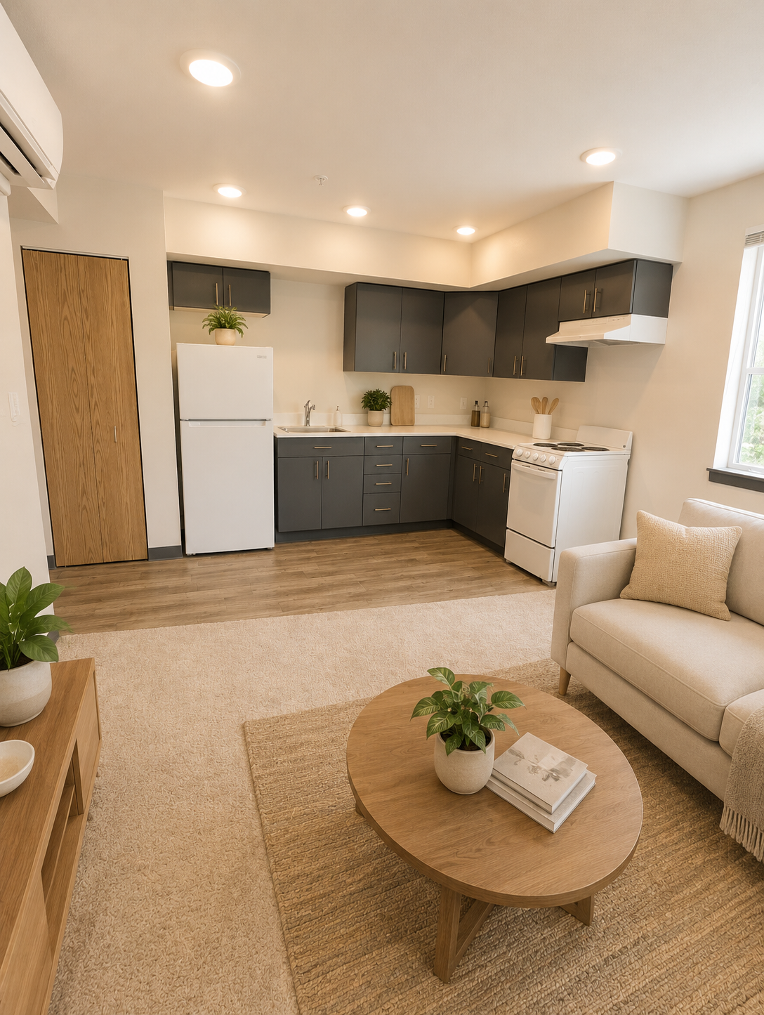 A modern kitchen and living area featuring a cozy couch, round wooden coffee table, and plants. The kitchen has dark cabinets, a white stove, and a refrigerator. Natural light fills the space, highlighting the warm tones of the furniture and decor. A neutral-toned area rug adds comfort to the design.
