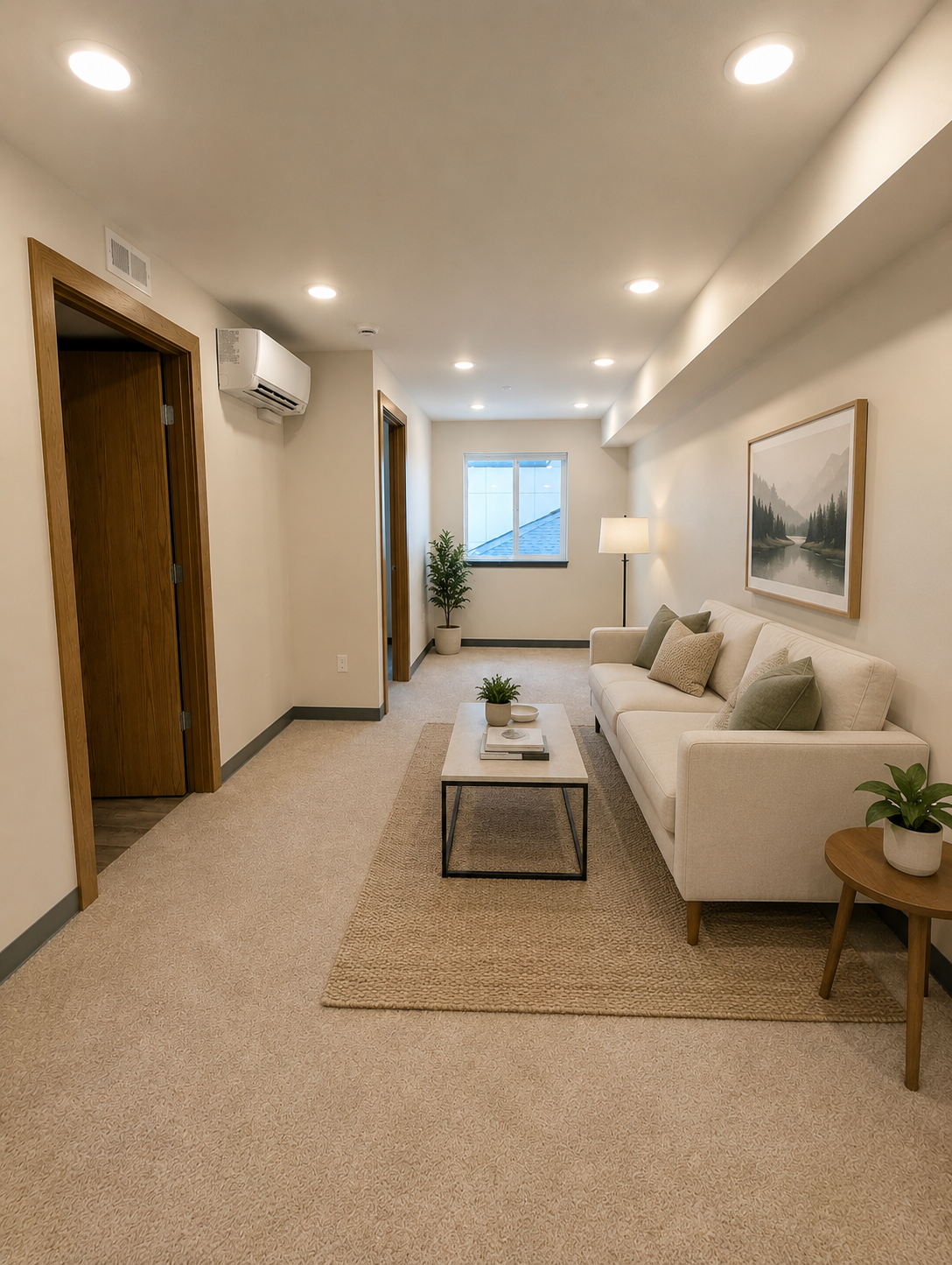 A modern living room featuring a white sofa with green cushions, a coffee table with a decorative item, and a small plant. There are two doorways leading to other rooms, a large window letting in natural light, and a lamp beside the sofa. The walls are light-colored, and the flooring is covered with a beige carpet.