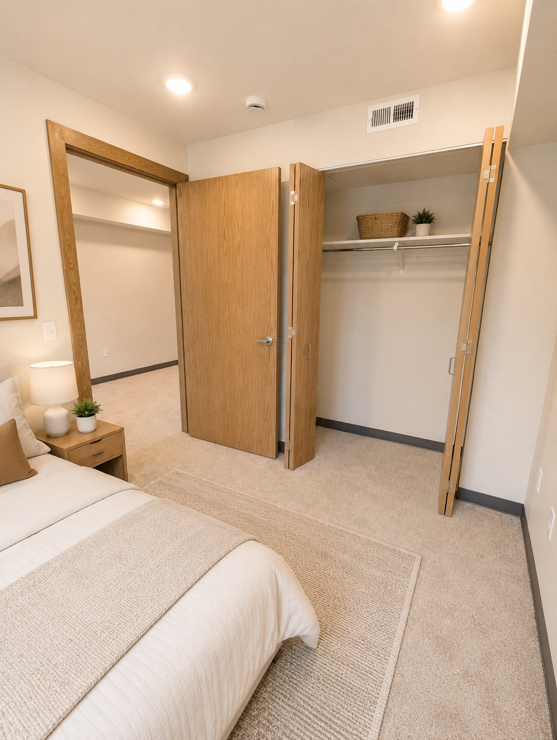 A modern bedroom featuring a neatly made bed with light-colored bedding, a nightstand with a lamp, and a large closet with double doors partially open, revealing empty shelves. The room is well-lit, with soft beige walls and carpet, creating a cozy and inviting atmosphere.