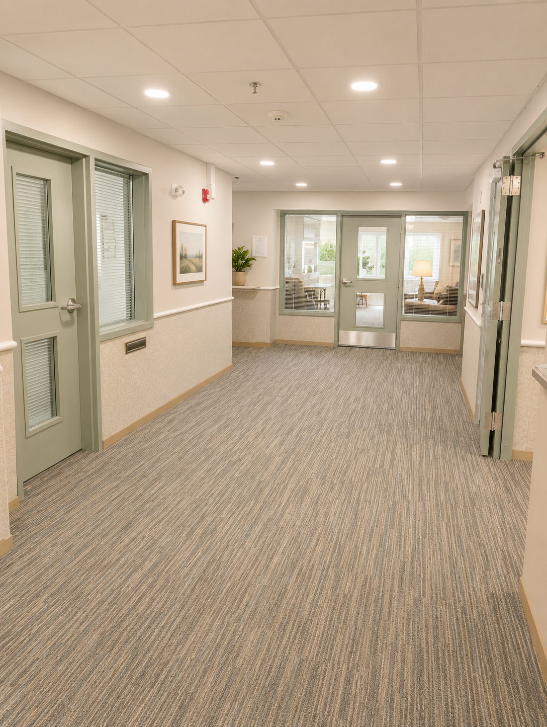 A well-lit corridor with light-colored walls and a patterned carpet. Doorways lead to adjacent rooms, with one door slightly open. Large windows at the end provide natural light and a view of a sitting area with plants. The space is clean and modern, creating an inviting atmosphere.
