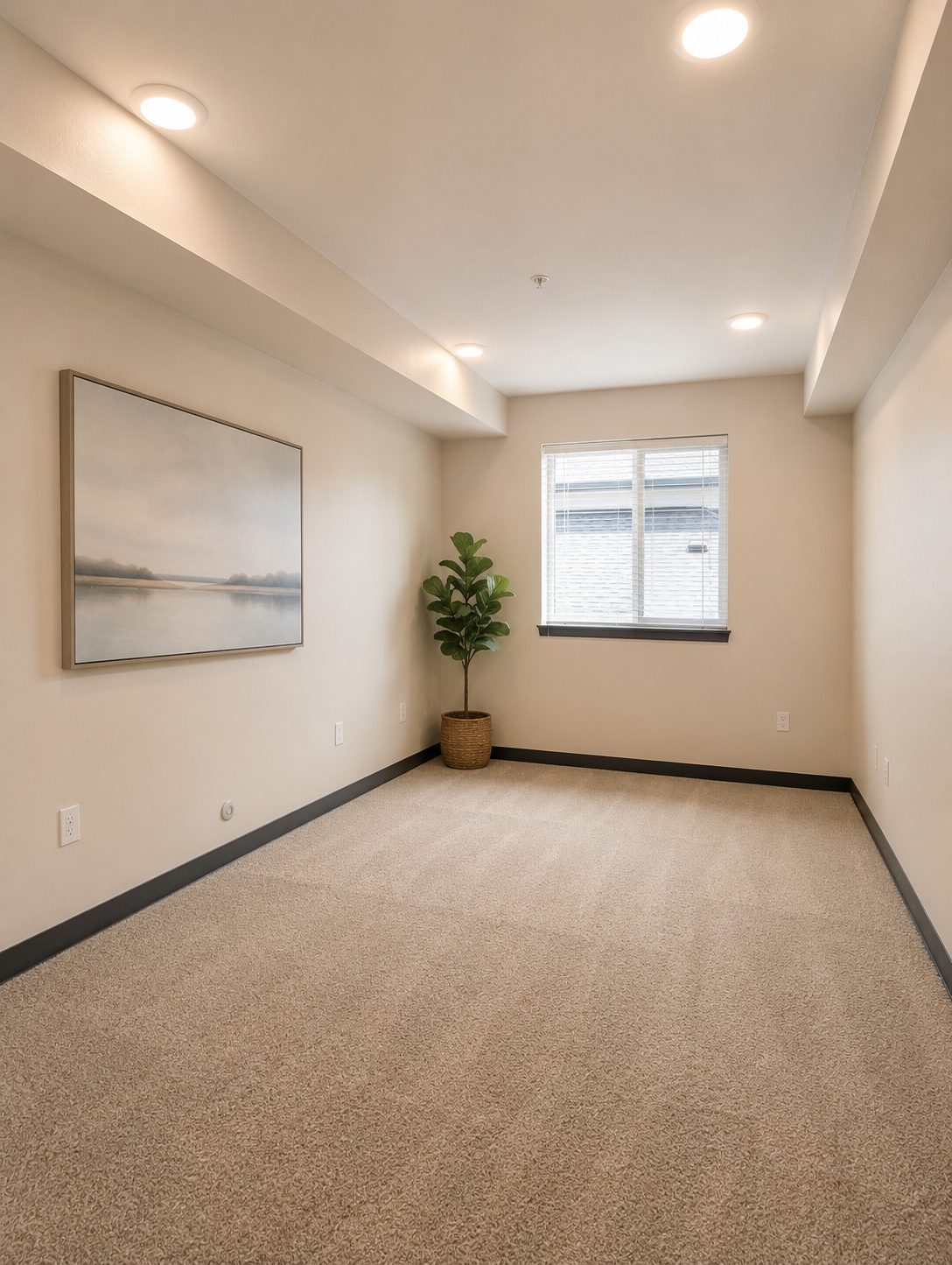 A spacious, empty room with light-colored walls and a carpeted floor. A large window allows natural light to enter, and a small potted plant is positioned in the corner. There is a minimalist wall art piece above a blank wall, creating a calm and inviting atmosphere.