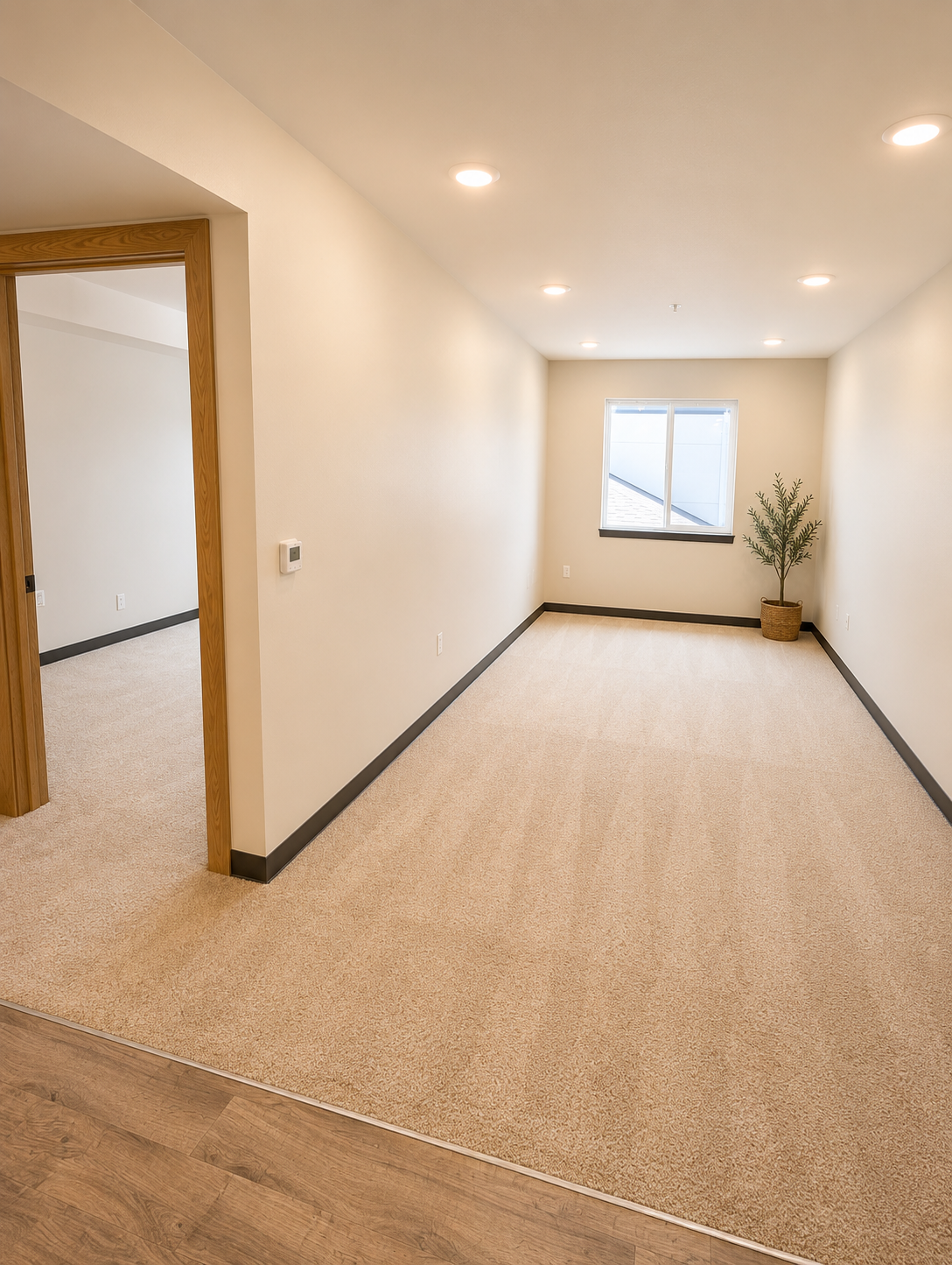 An empty room with light beige carpet and light-colored walls. There is a window allowing natural light, and a small potted plant in the corner. Two doorways are visible, one leading to another room, and the space is well-lit with ceiling lights.