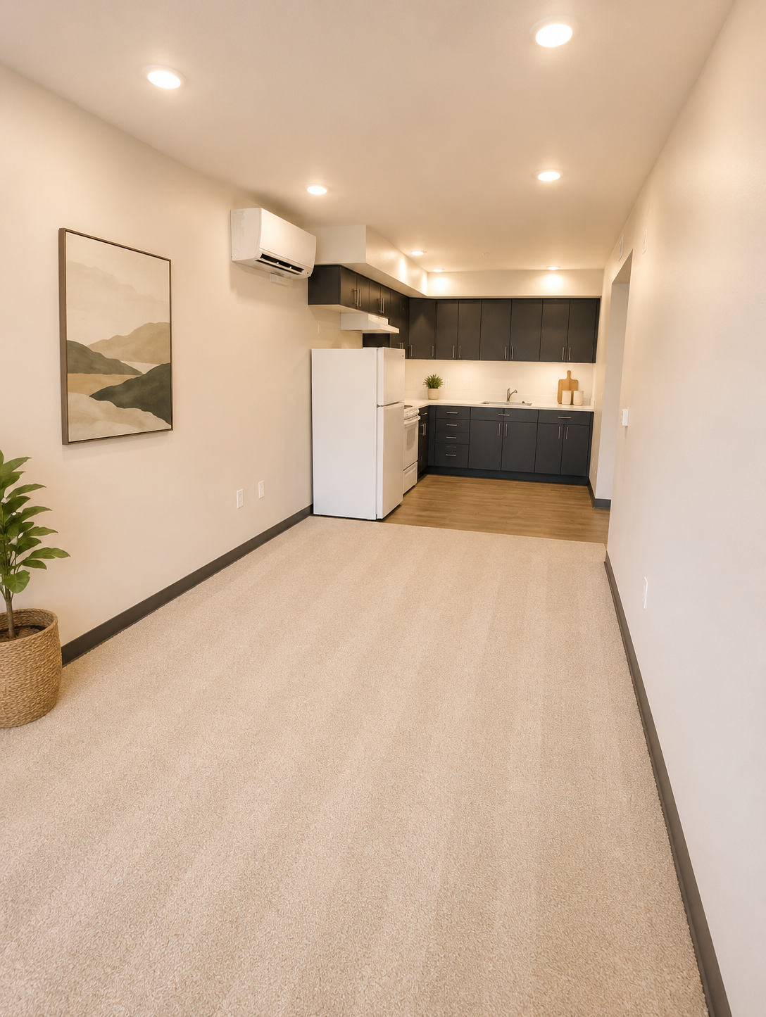 A modern, minimalist kitchen area with an open layout. The space features beige carpeting, dark cabinetry, white appliances, and a small plant in a woven basket. Warm white lighting illuminates the room, creating a welcoming atmosphere. A framed artwork showing mountains is displayed on the wall.