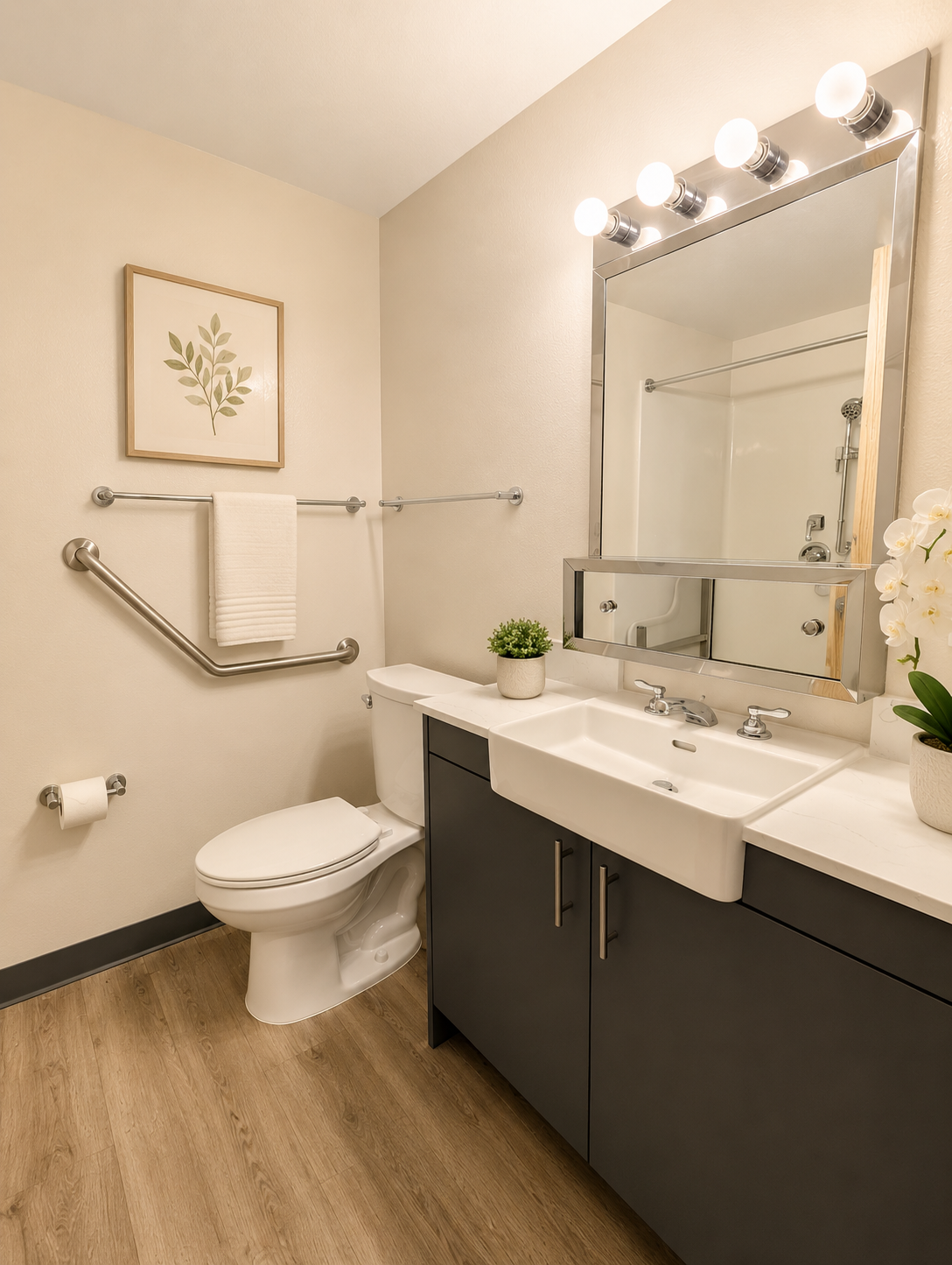 A modern bathroom featuring a white toilet, a sink with a minimalist design, and a large mirror above it. The walls are painted light beige, and a small framed plant print hangs above the sink. A towel rack is mounted on the wall, alongside a potted plant and an orchid on the counter. The floor has a wood-like finish.