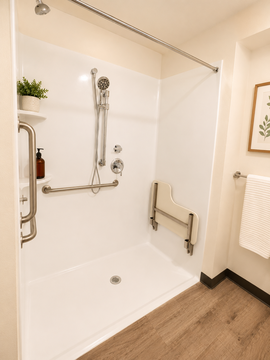 A spacious, accessible shower area featuring a fold-down bench and grab bars for support. The walls are white with a modern design, and there's a handheld showerhead. A shelf holds a bottle of shampoo and a small potted plant adds a touch of greenery. The floor is wooden, contributing to a warm atmosphere.