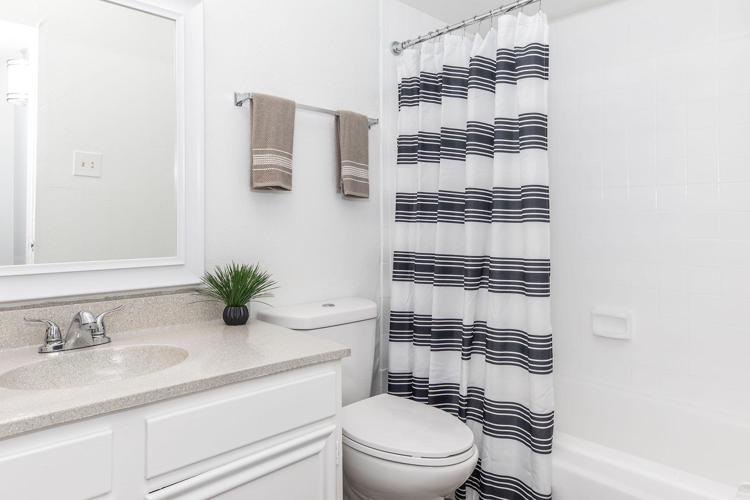 A clean and modern bathroom featuring a white vanity with a sink, a mirror above the vanity, a toilet, and a bathtub. The bathtub has a stylish black and white striped shower curtain, and there are two brown towels hanging on a towel rack. A small green plant adds a touch of decor.