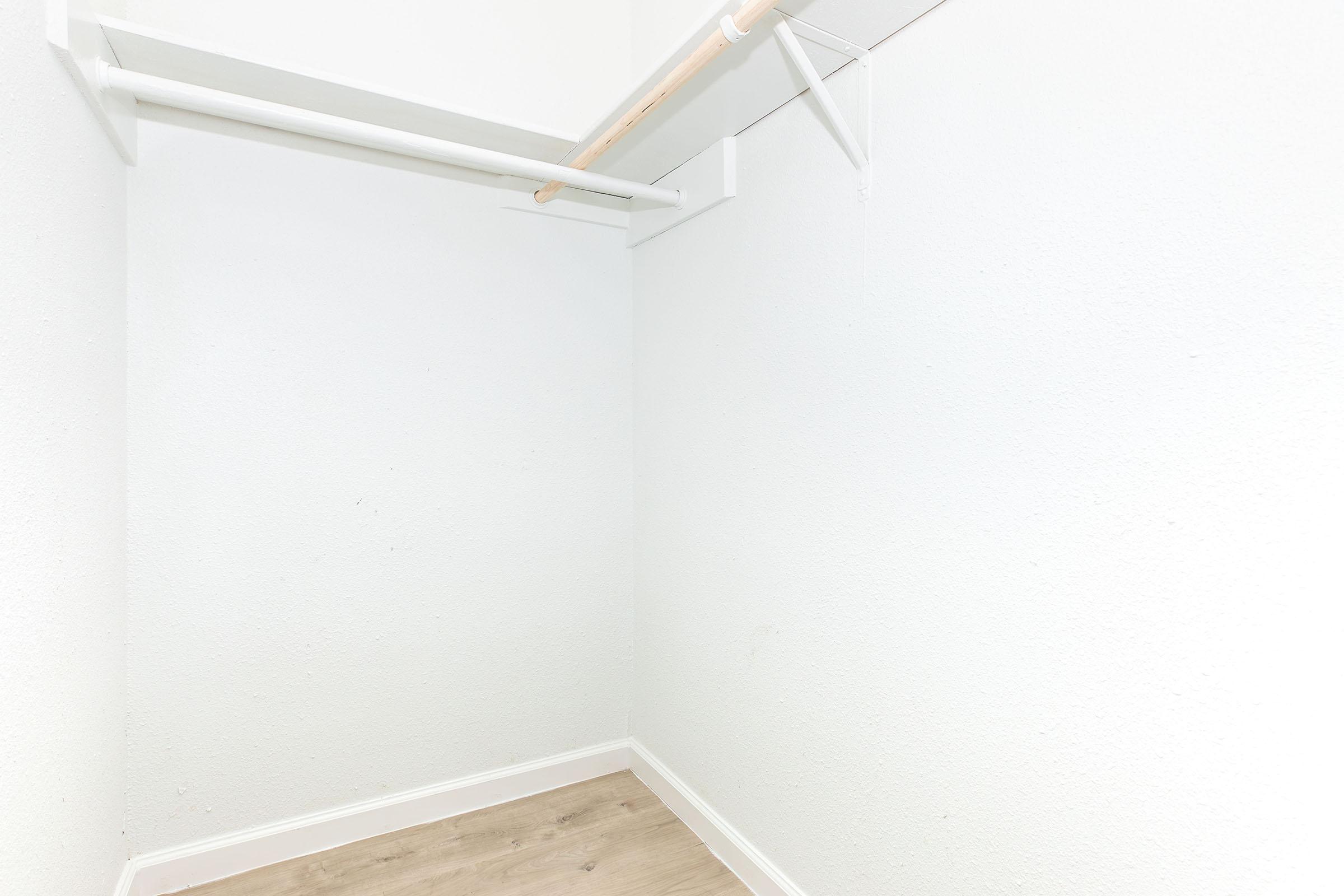 Empty closet with white walls and a wooden floor. The closet features a single hanging rod and lacks shelving or items, creating a clean and open appearance.
