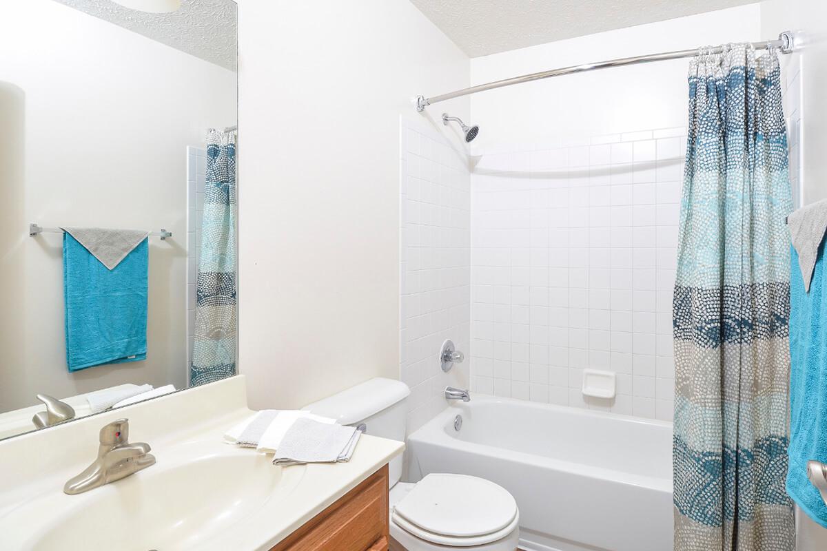 a room with a sink mirror and shower curtain